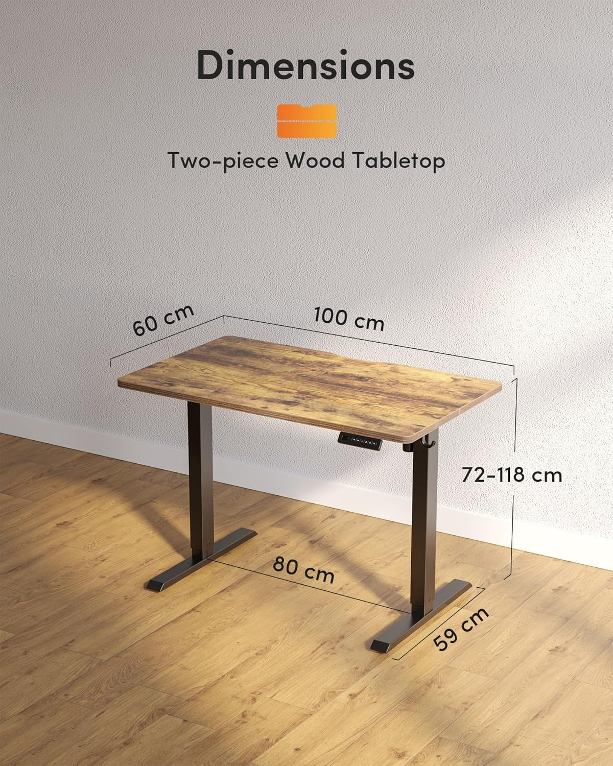 Rustic Brown 100x60cm Electric Standing Desk with Memory Function & Quiet Motor