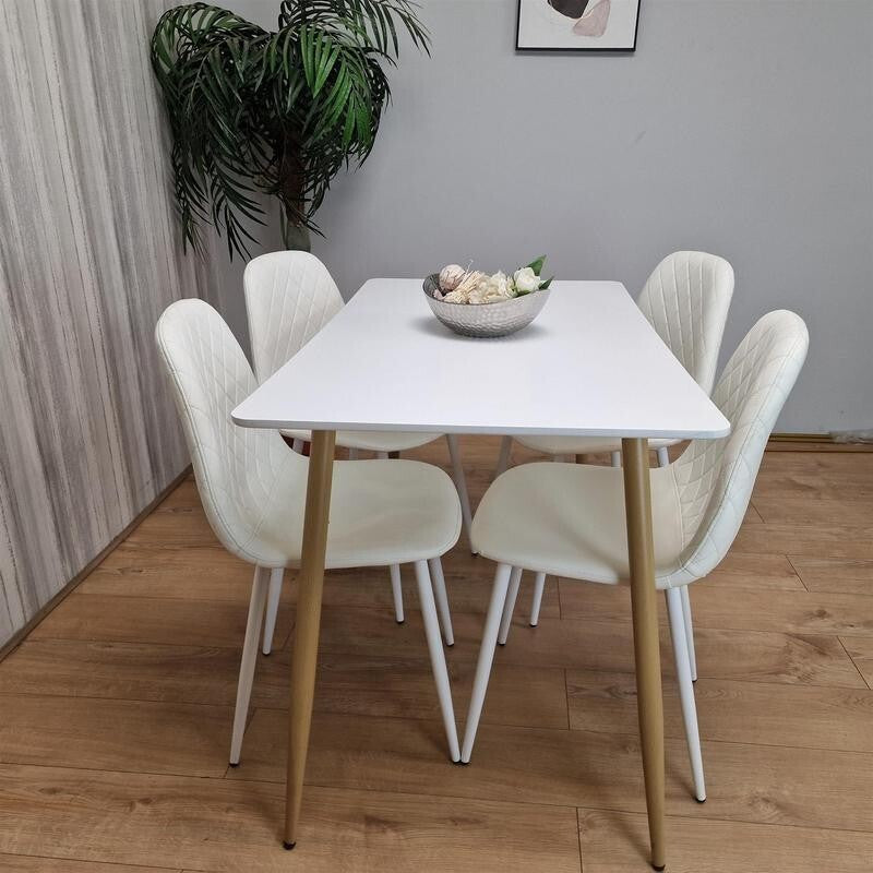 White Dining Table Set with 4 Padded Gem Chairs, Modern Kitchen Set