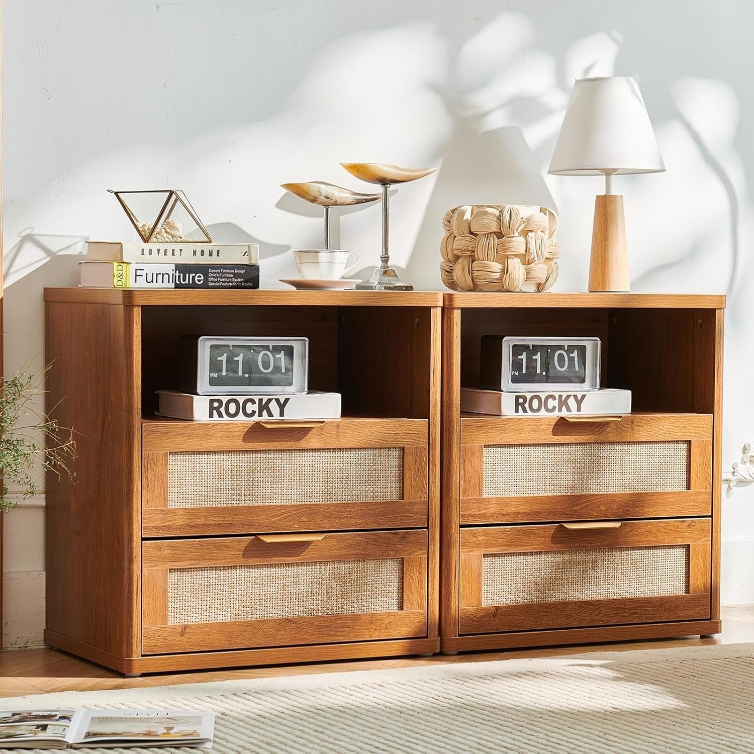 Wide Rattan Bedside Table with 2 Drawers Boho Wood Nightstand Storage Cabinet