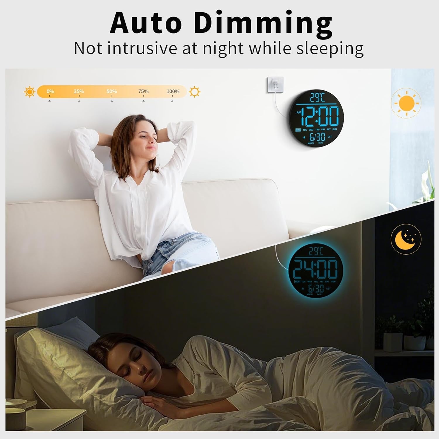 Black LED Digital Wall Clock 10 Inch Remote Control Night Light Display