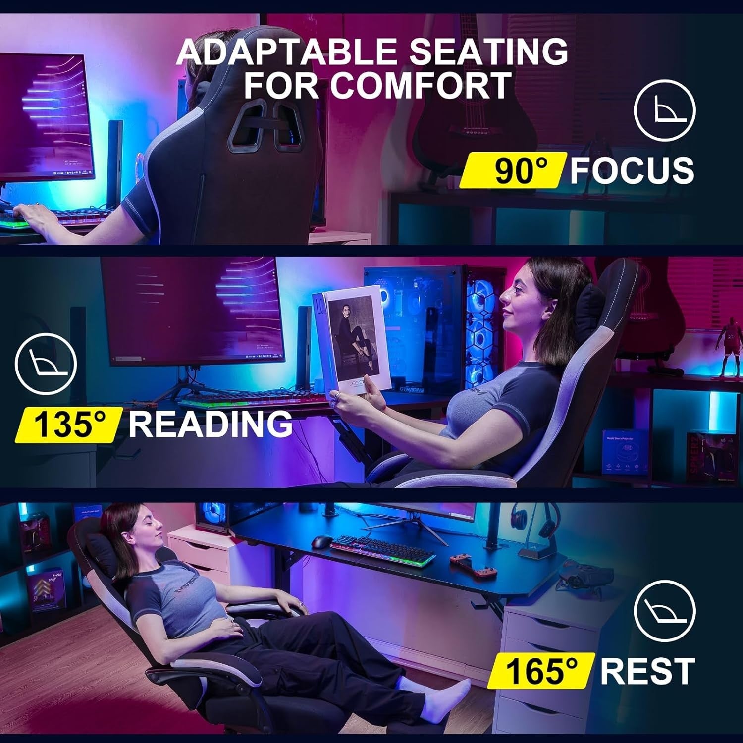 Gaming Chair PC Racing Seat Suede Fabric Tall Adult Recliner Office Desk Swivel