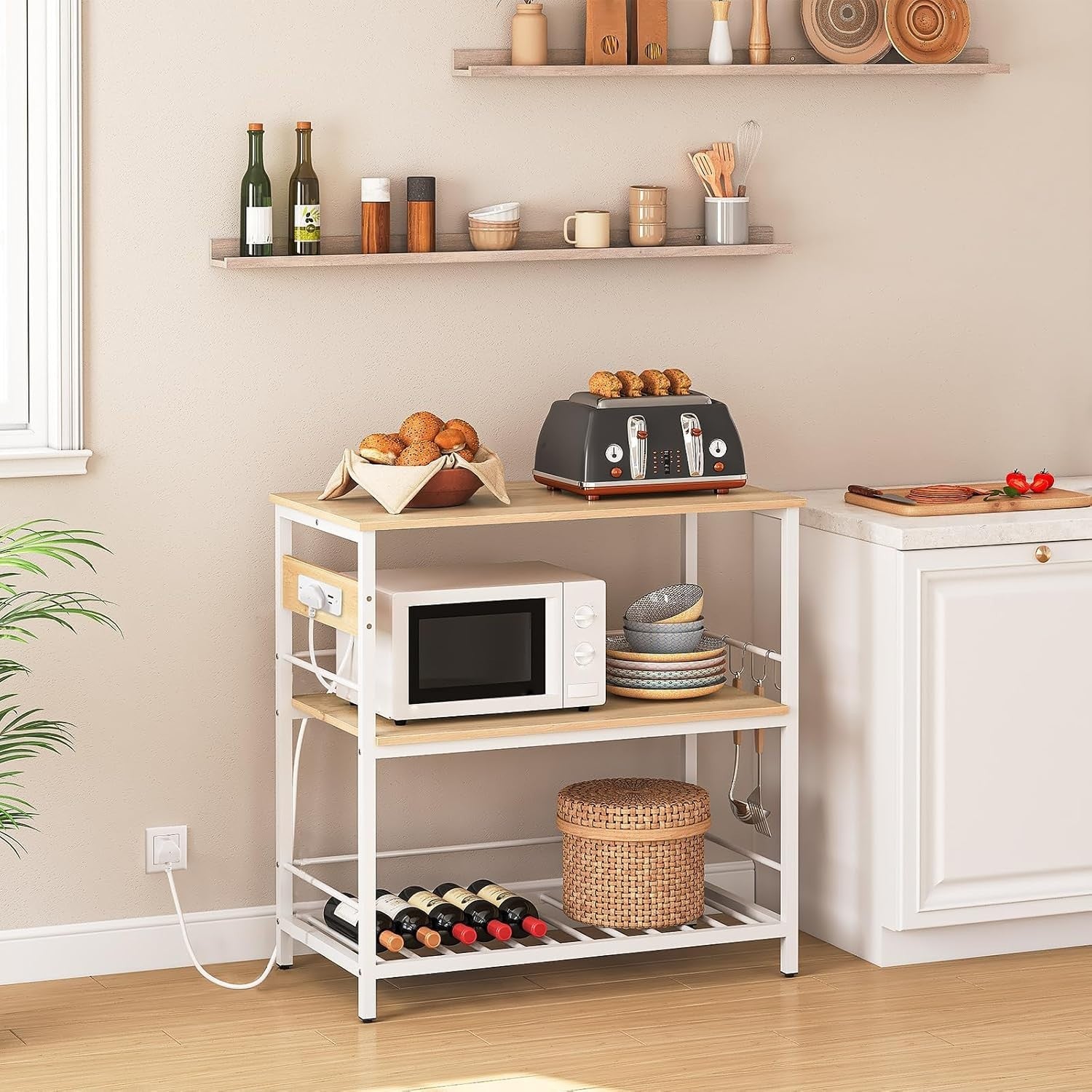 HOOBRO Kitchen Island Table with Storage, Power Outlet & Microwave Stand 90x48cm