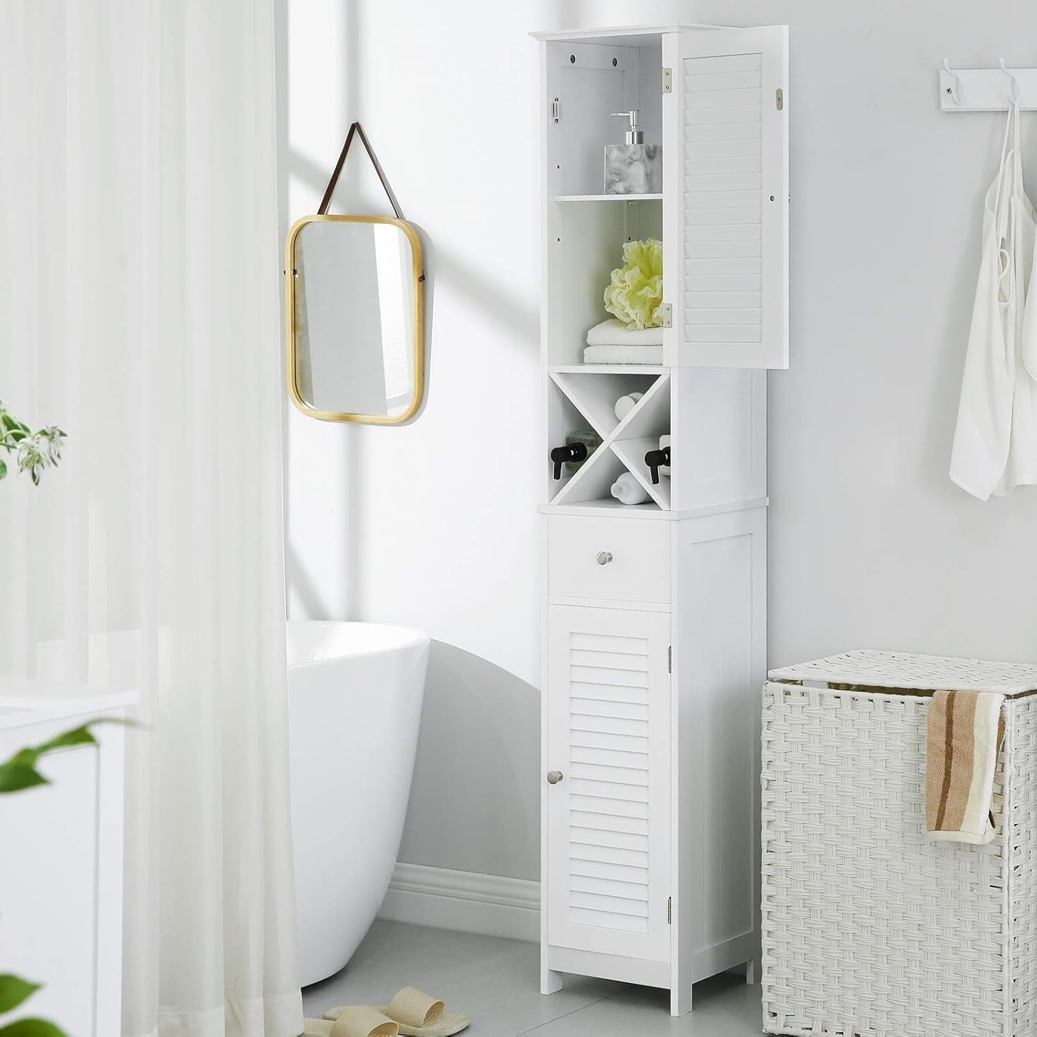 Tall Bathroom Storage Cabinet with Drawer & Louvered Doors, 32x30x170cm
