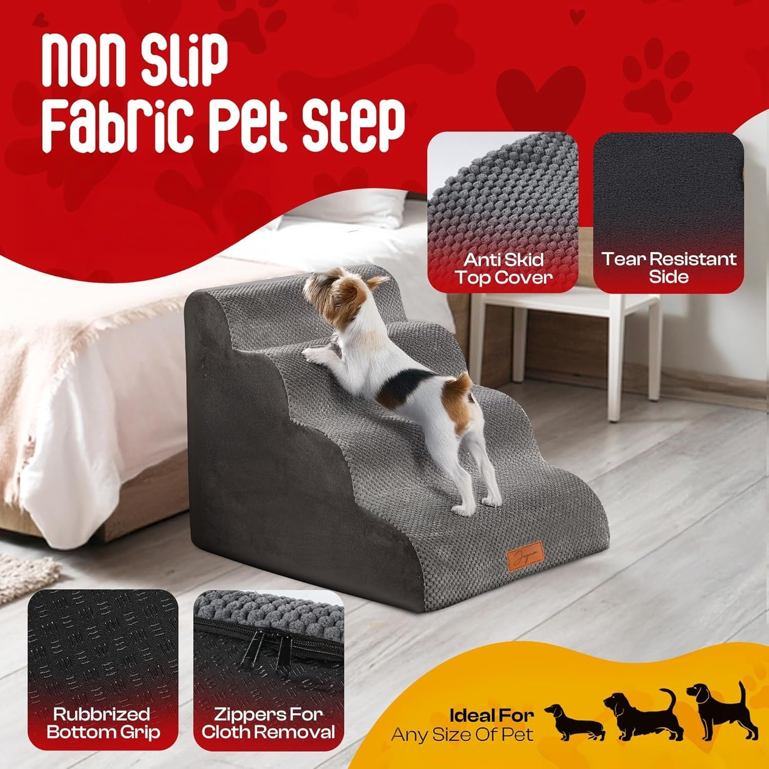 Grey 4 Step Dog Stairs 30D Foam Pet Steps Non Slip 75x50x40cm