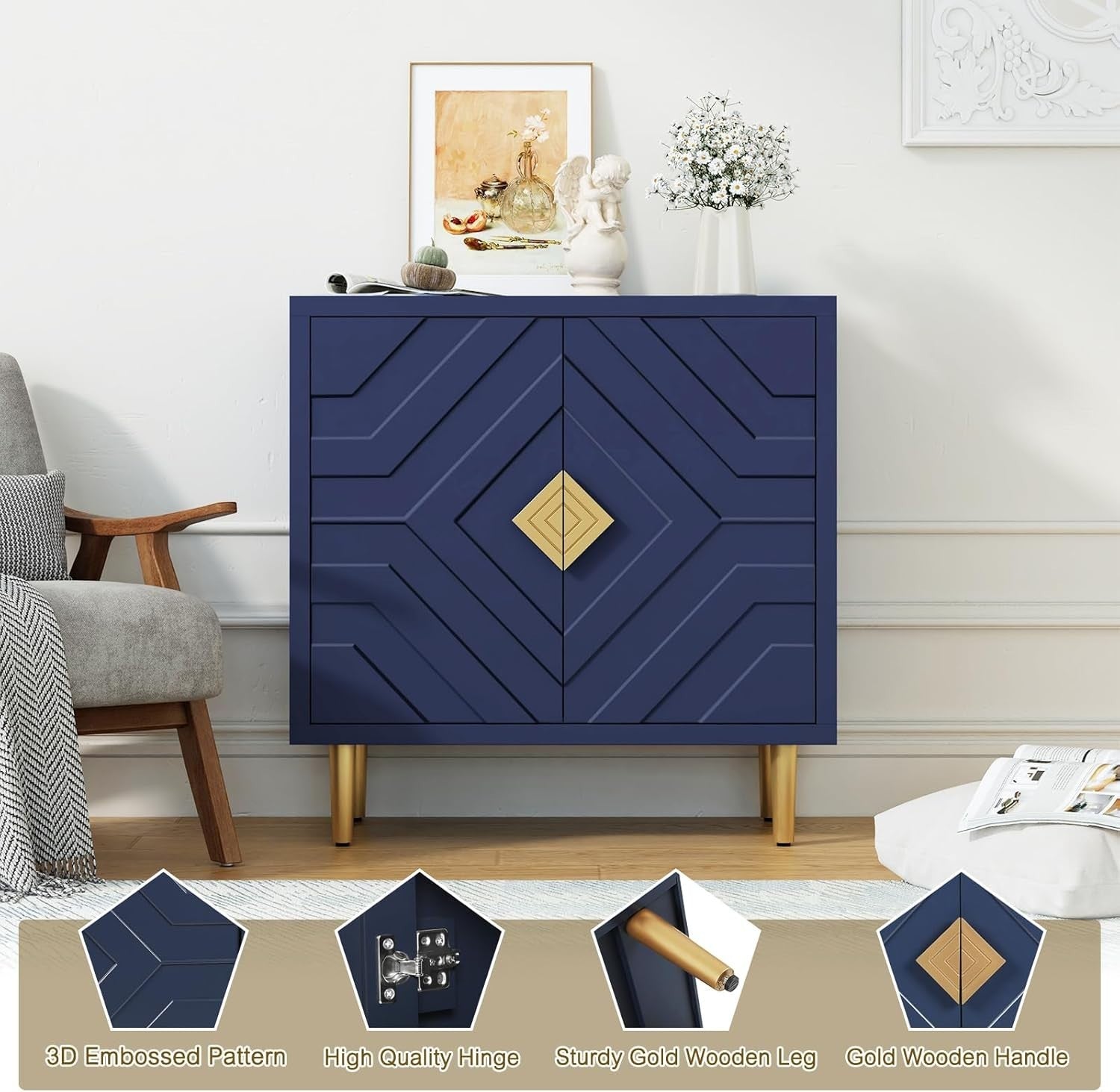 Modern 2-Door 3D Embossed Sideboard Storage Cabinet Blue with Gold Legs