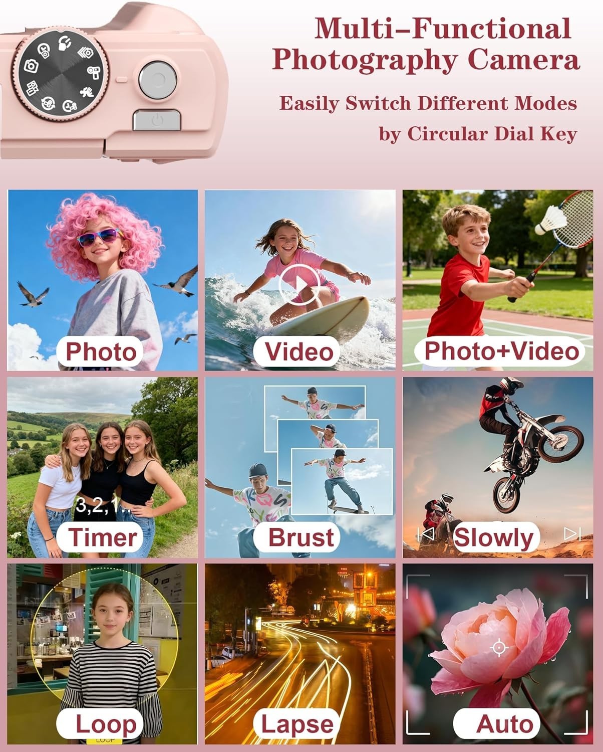 5K 75MP Vlogging Camera WiFi Flip Screen Pink Camera 64GB Kit