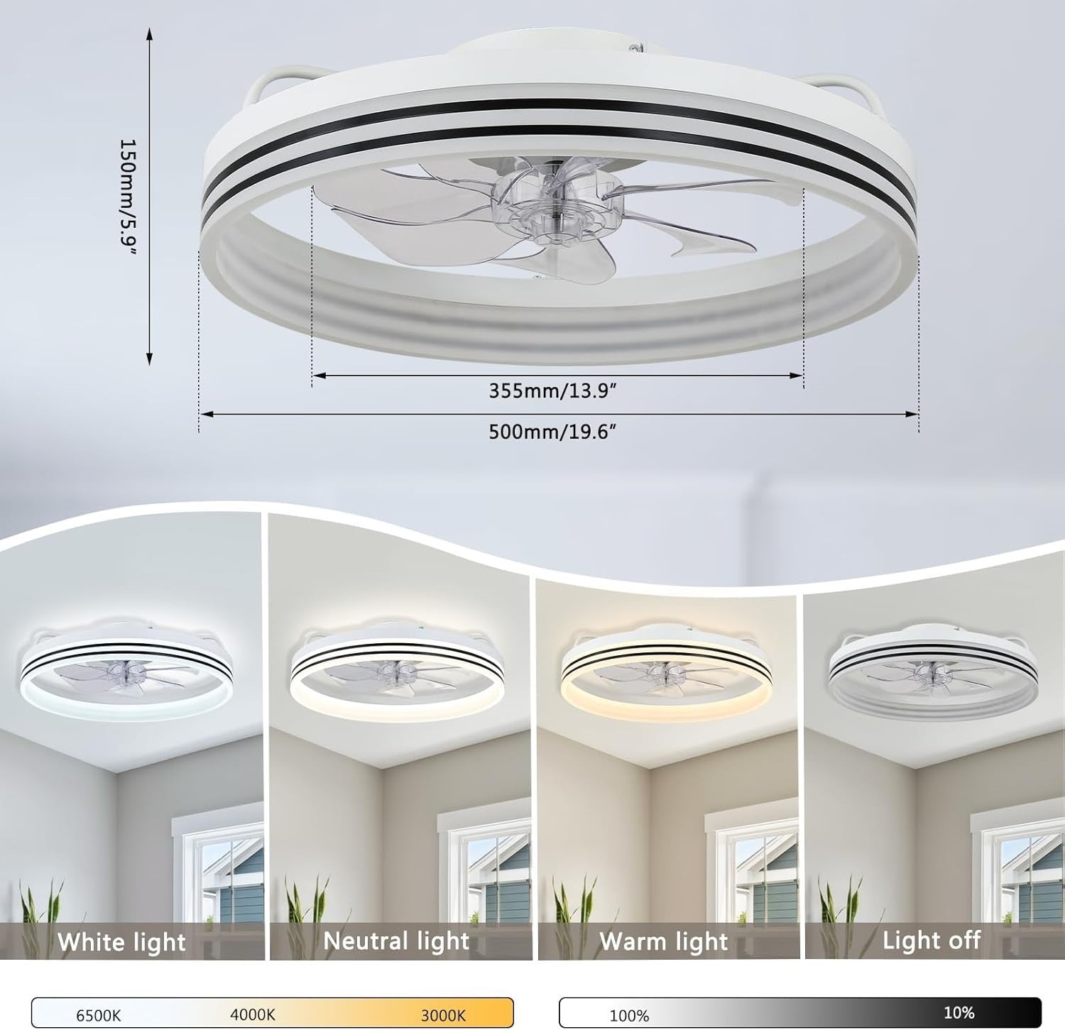 White LED Ceiling Fan, 6 Speeds, Dimmable, Color Change, Remote