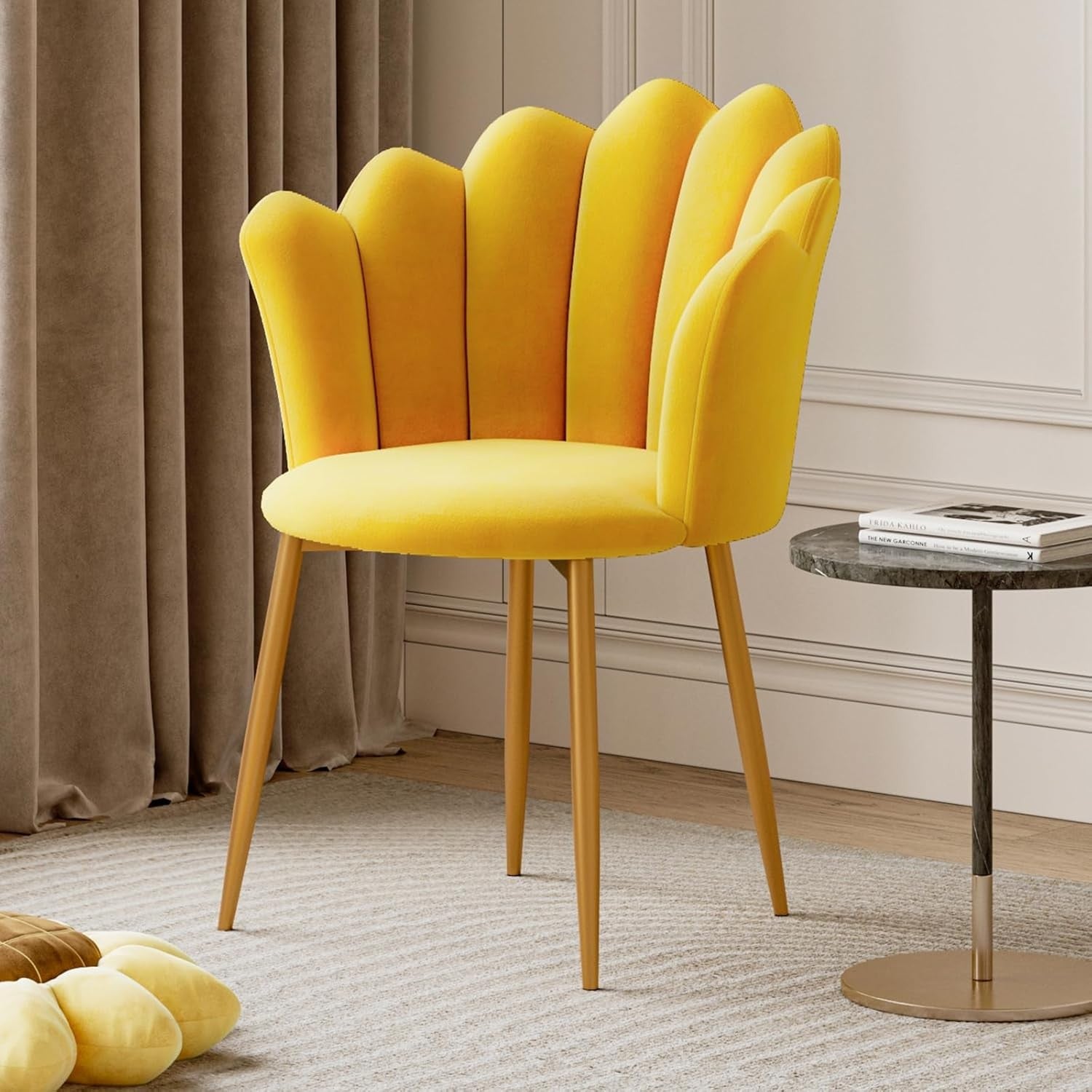 Velvet Vanity Chair Shell Back Gold Metal Legs Yellow
