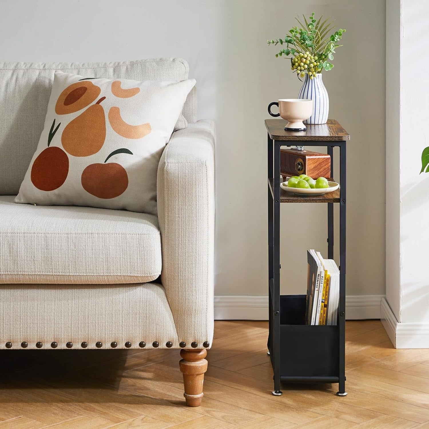 Slim 3-Tier Side Table with Storage Basket – Narrow Rustic Bedside/End Table for