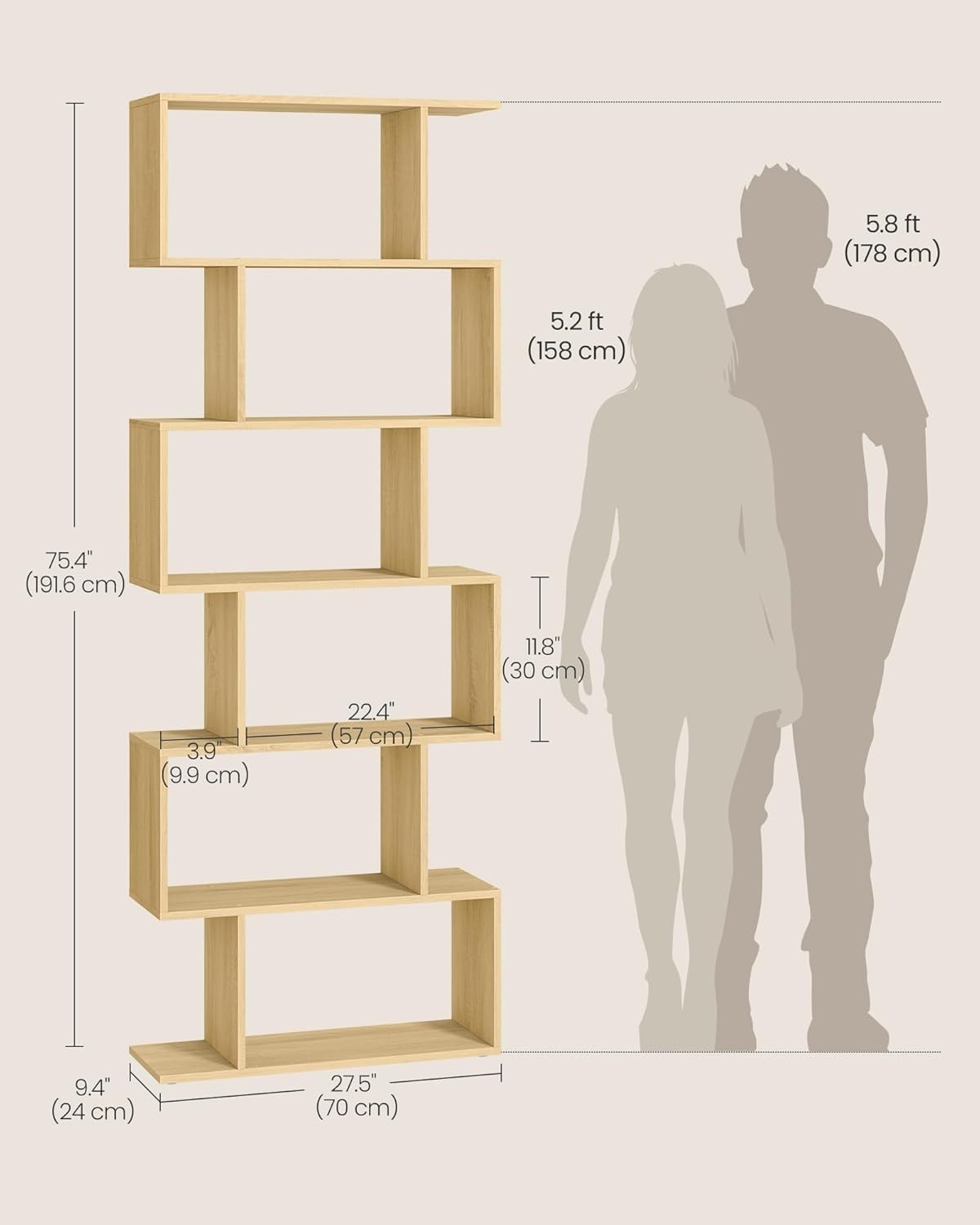 6 Tier Rustic Natural Bookcase S-Shaped Storage Shelf Room Divider 70x24x191cm