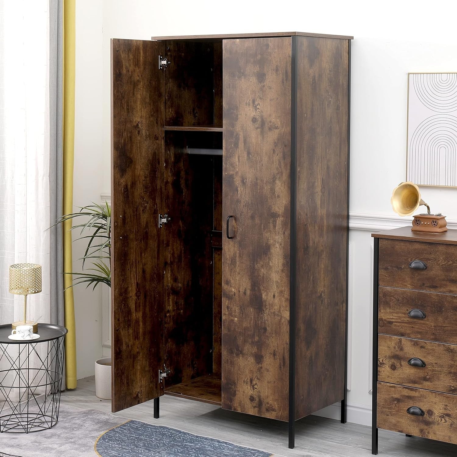 Industrial Metal Wardrobe with Shelves & Hanging Rail Clothes Storage