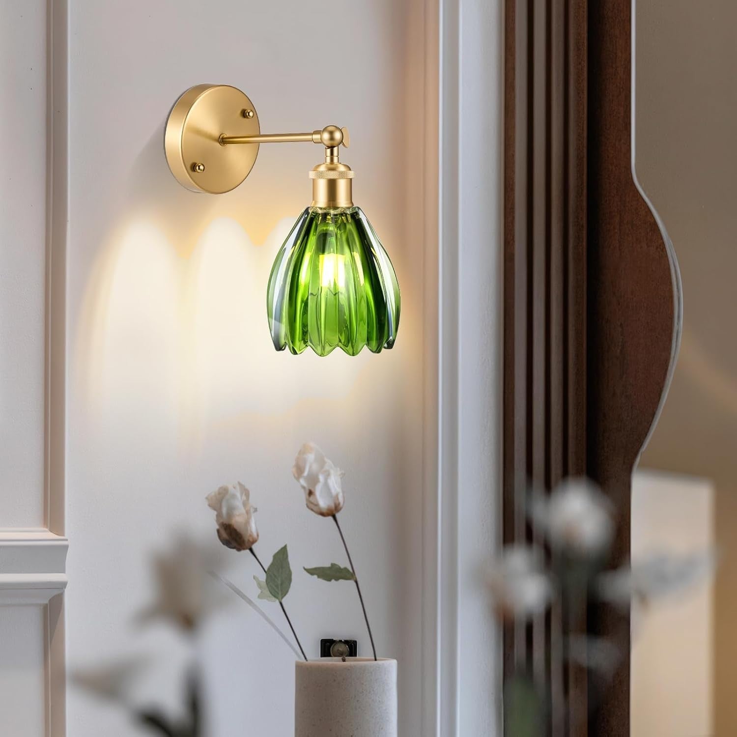 Vintage Wall Sconce Lights Set 2 Green Glass LED Wireless Dimmable Remote