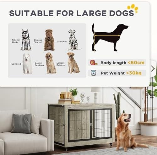 Modern Dog Crate Furniture with Wheels, Large Lockable Pet Cage Grey
