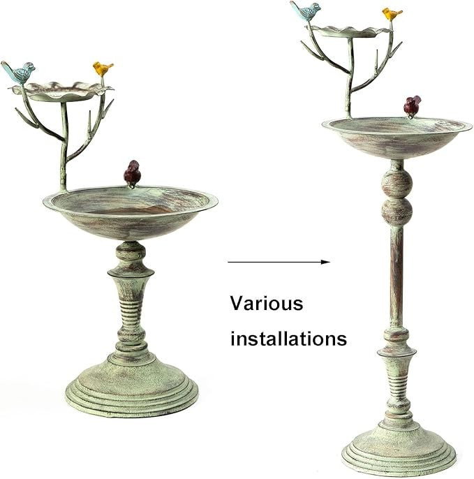 25" Iron Bird Bath & Feeder Stand – Distressed Green Outdoor Garden Décor