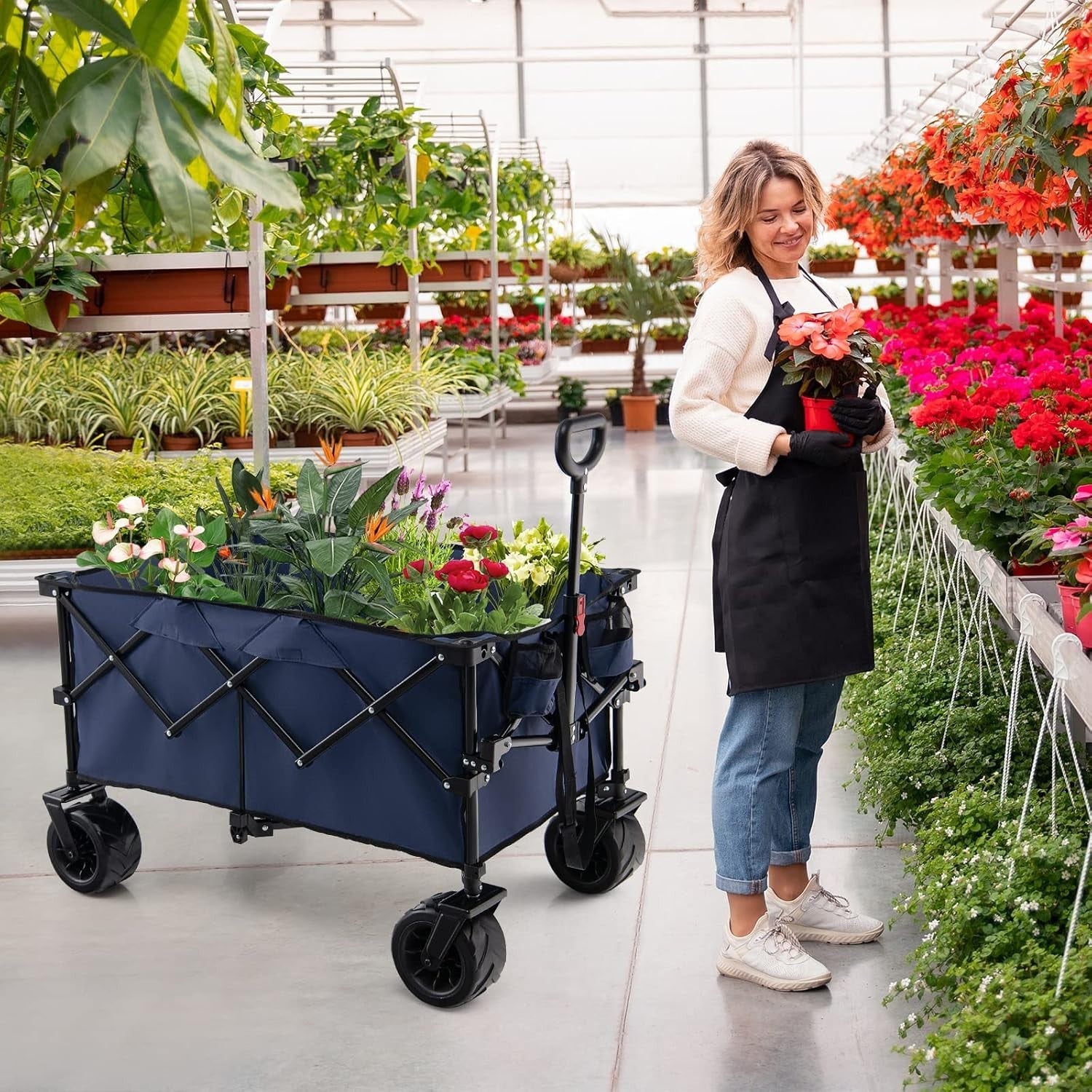 Blue Foldable Wagon Cart Collapsible Garden Utility Trolley w/ Adjustable Handle