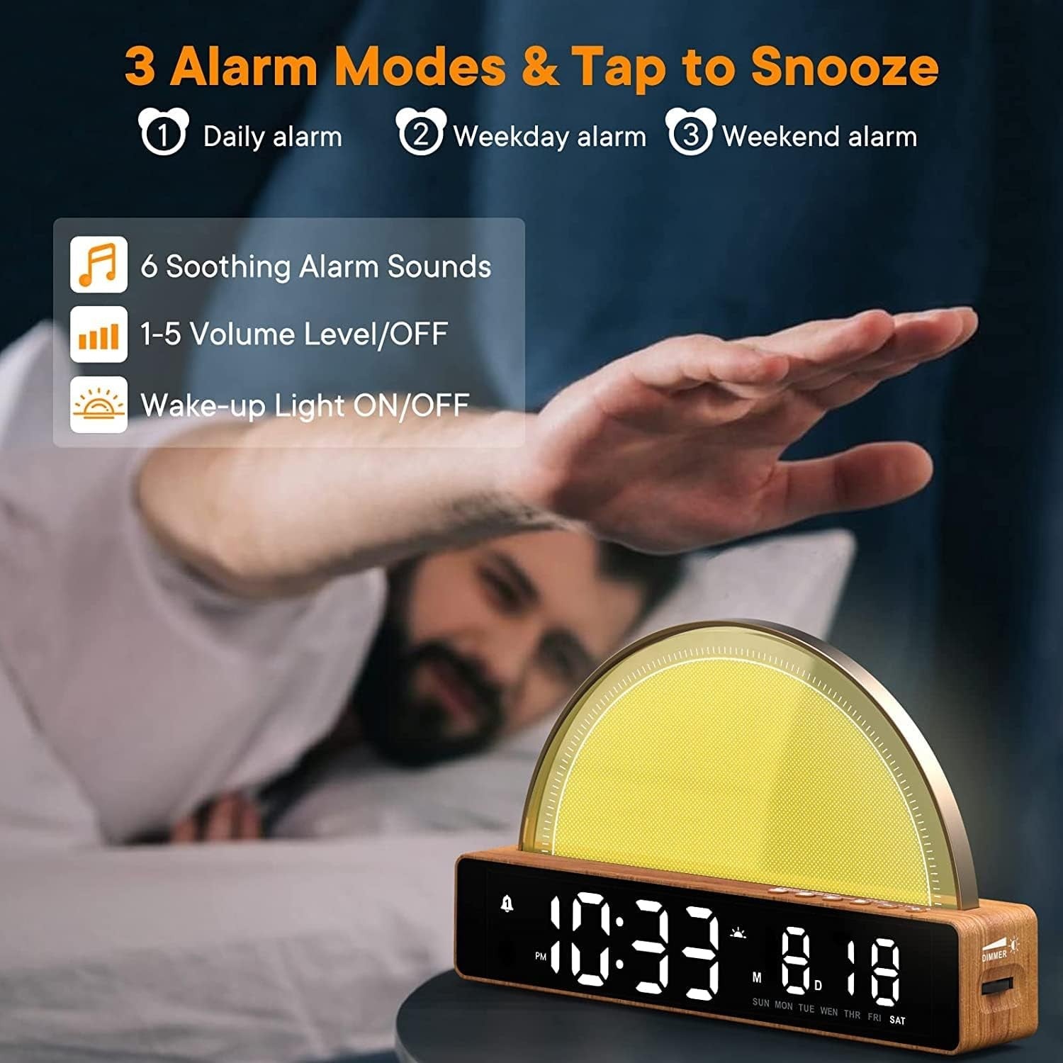 Sunrise Alarm Clock Wake Up Light White Noise Touch Dimmable Night Lamp