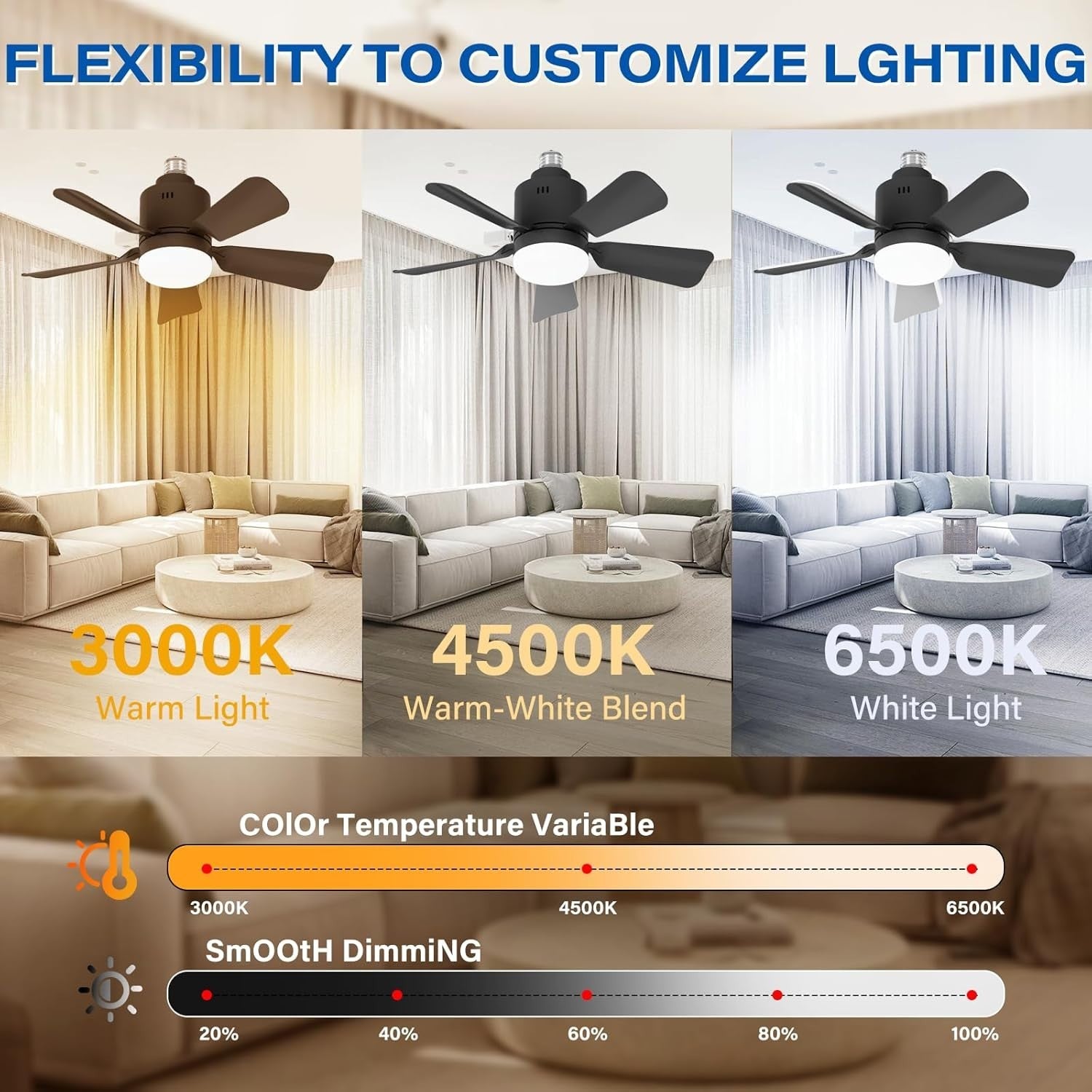 Black Ceiling Fan Light, Dimmable E26/E27, 5 Blades, 3 Colors, Remote & App