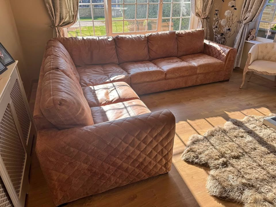 Extra Large Rustic Tan Leather Corner Sofa (PTP)