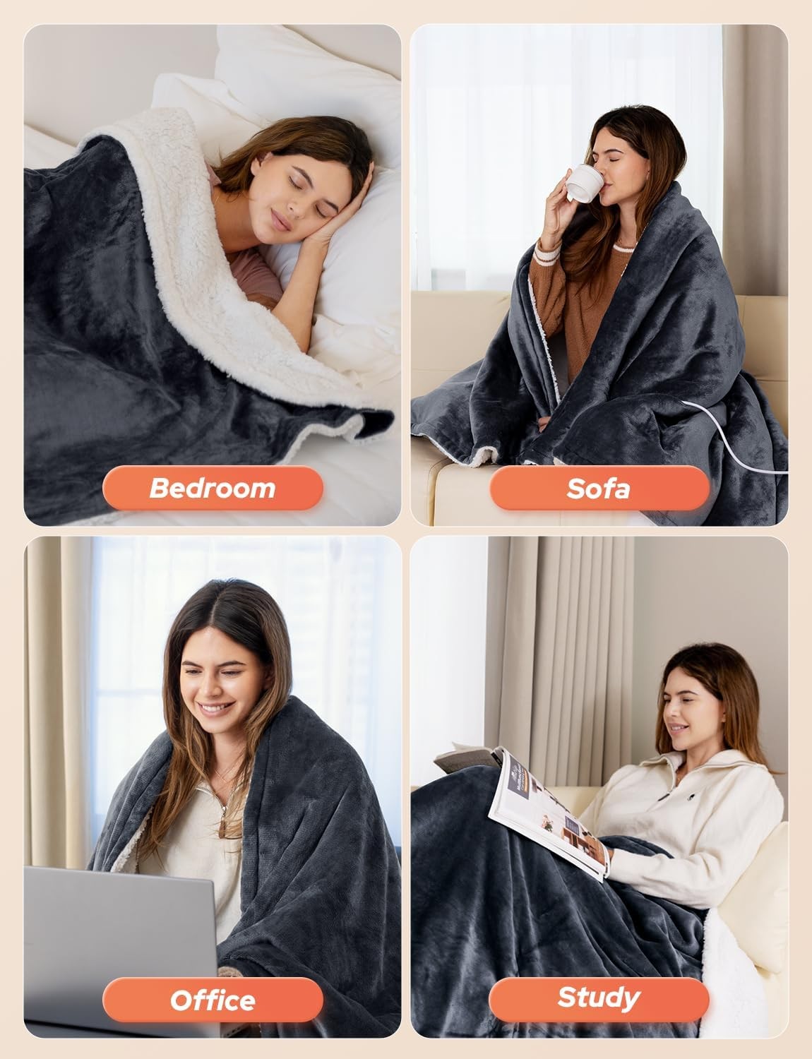 Electric Heated Throw Blanket Fast Heat Dual Sided Sherpa Flannel 180x130cm