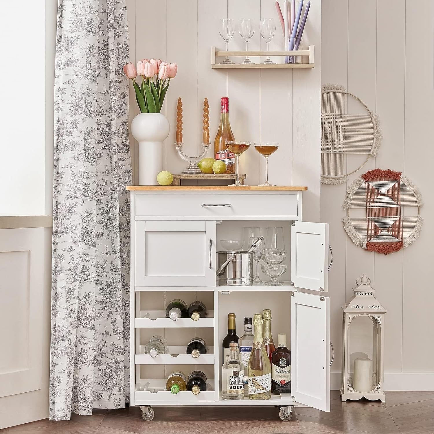 Mobile Kitchen Island Cart with Wine Rack, Drawer & Lockable Wheels 67x86x38cm