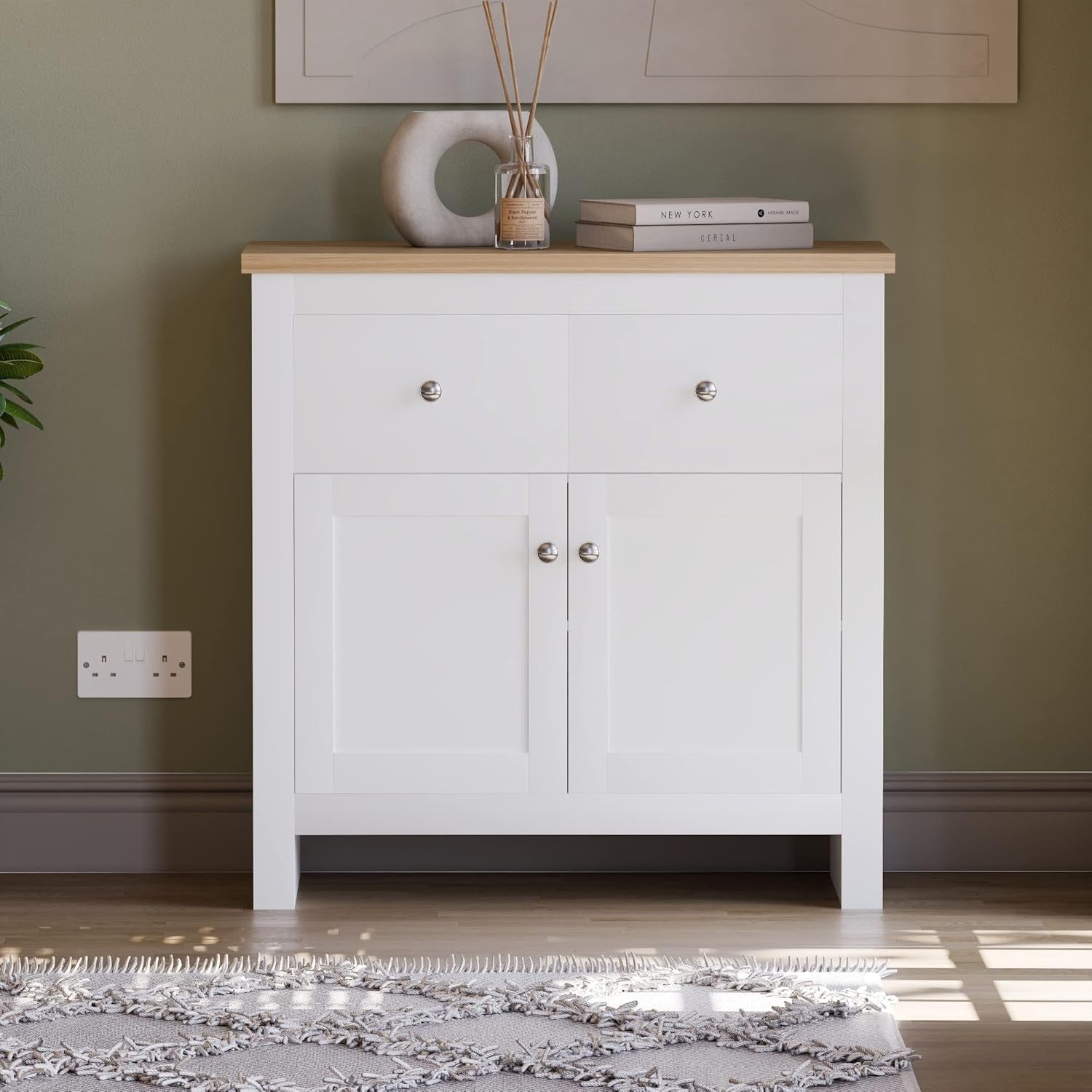 White & Oak Sideboard Cabinet 2 Door 2 Drawer Modern Storage Unit