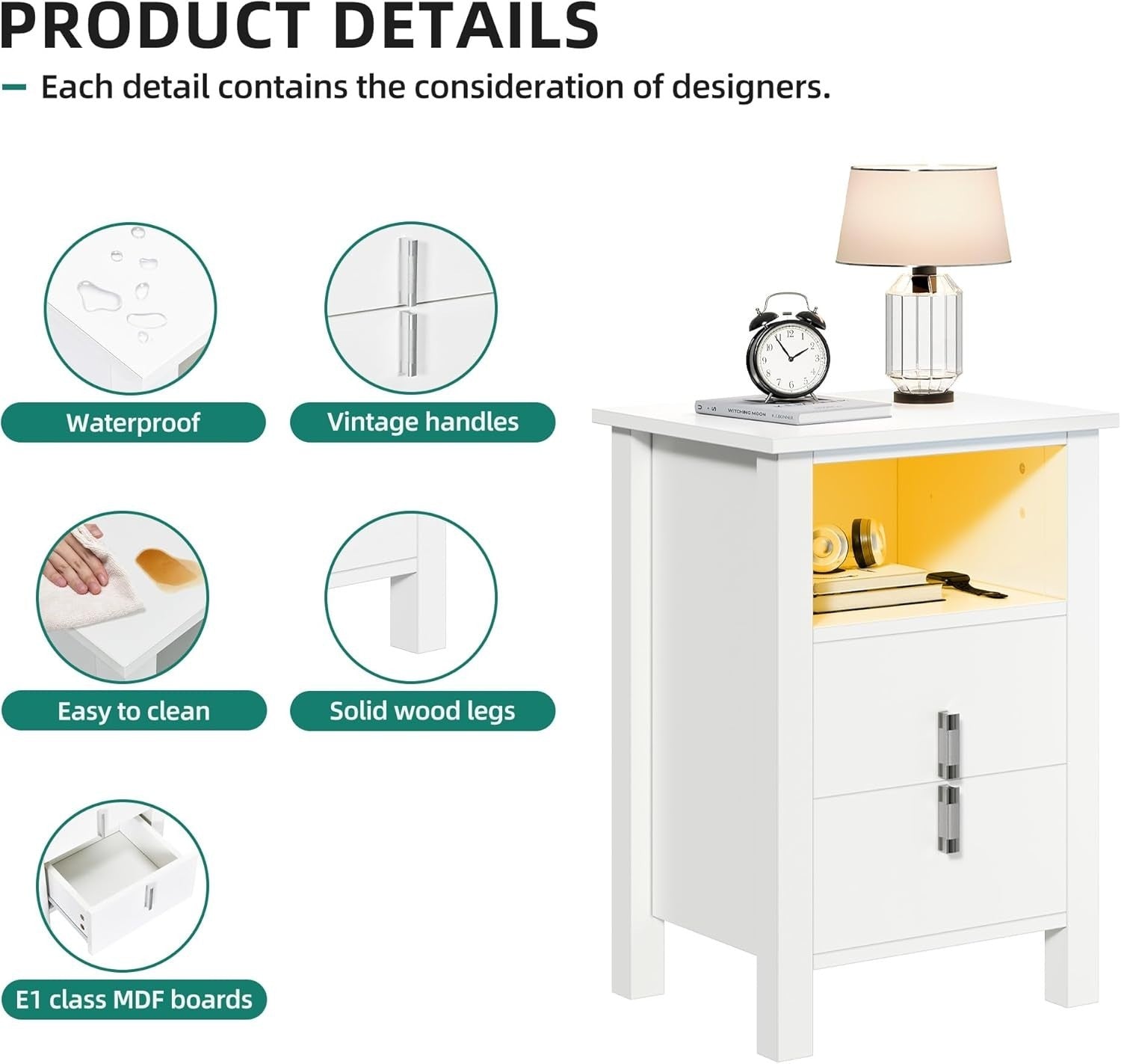 Set of 2 White LED Bedside Tables with 2 Drawers | Smart Nightstands