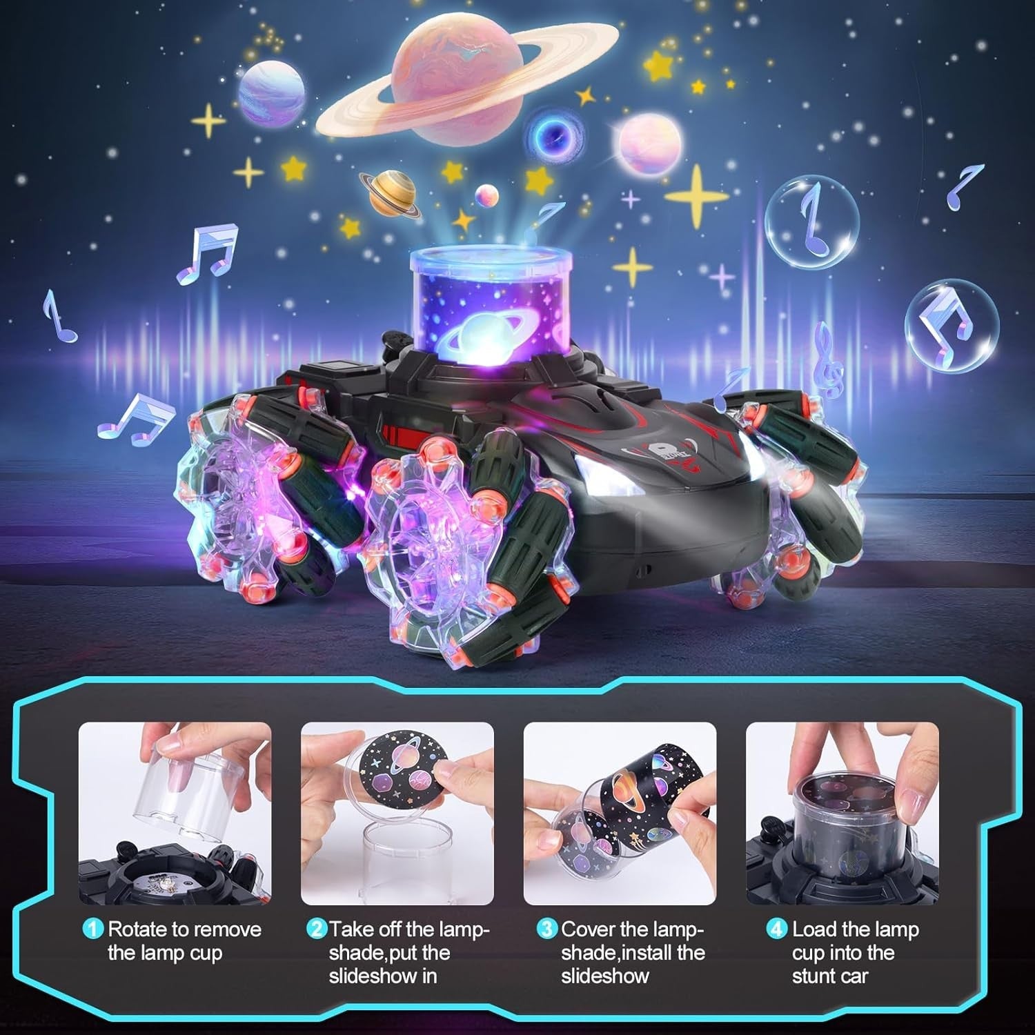 RC Stunt Car with Music, LED Lights, Spray & HD Projection | 360° Rotating