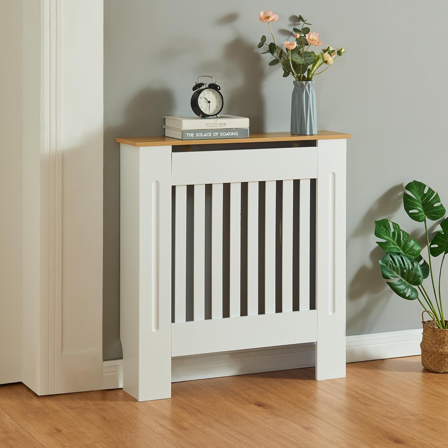 Small White Radiator Cover 78cm Wood Top Modern Slatted Heating Cabinet