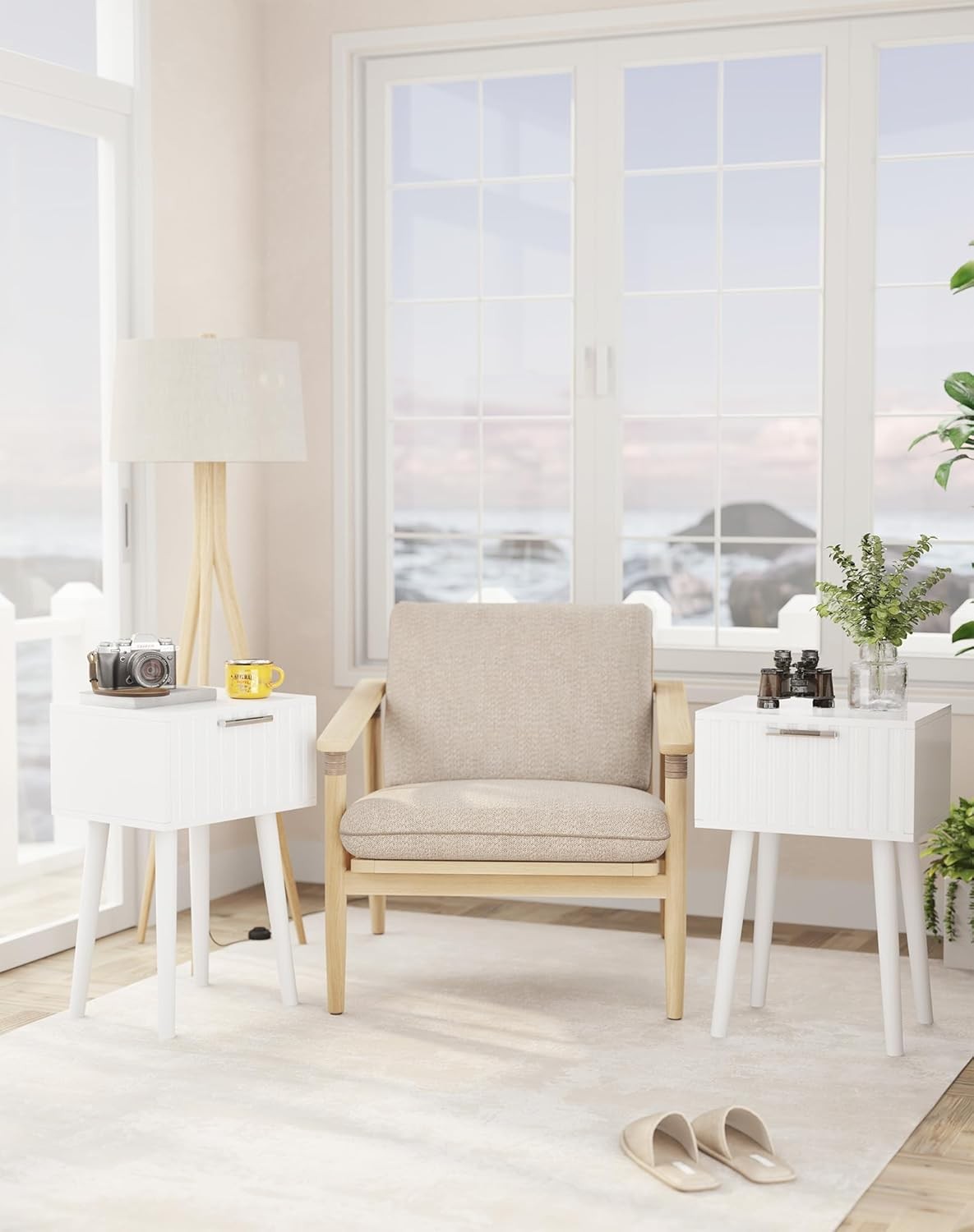 Set of 2 White Fluted Bedside Tables – Modern Nightstands with Drawer & Tall Leg