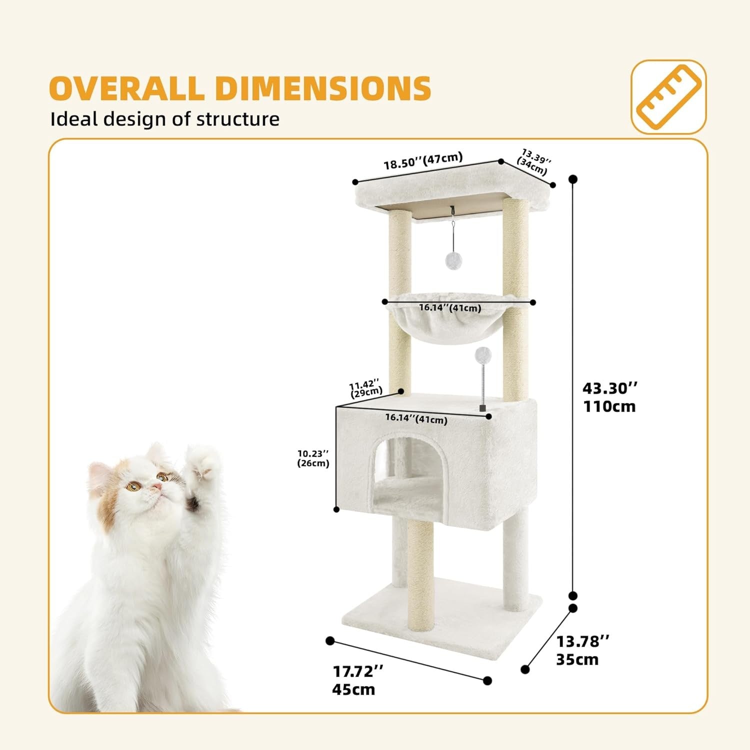 110cm Cat Tree Tower with Condo Hammock Sisal Scratching Posts Indoor