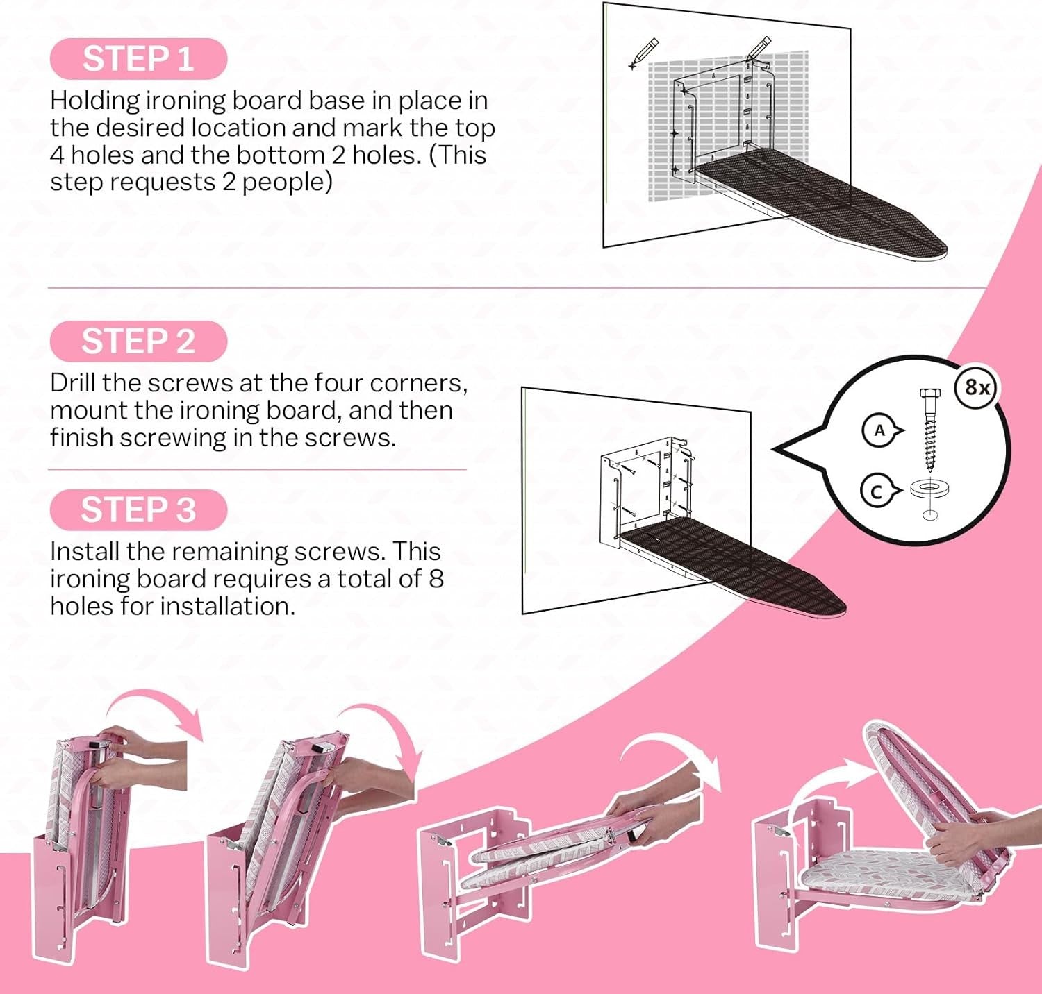 Wall Mounted Folding Ironing Board Pink Height Adjustable Space Saving 36x12in