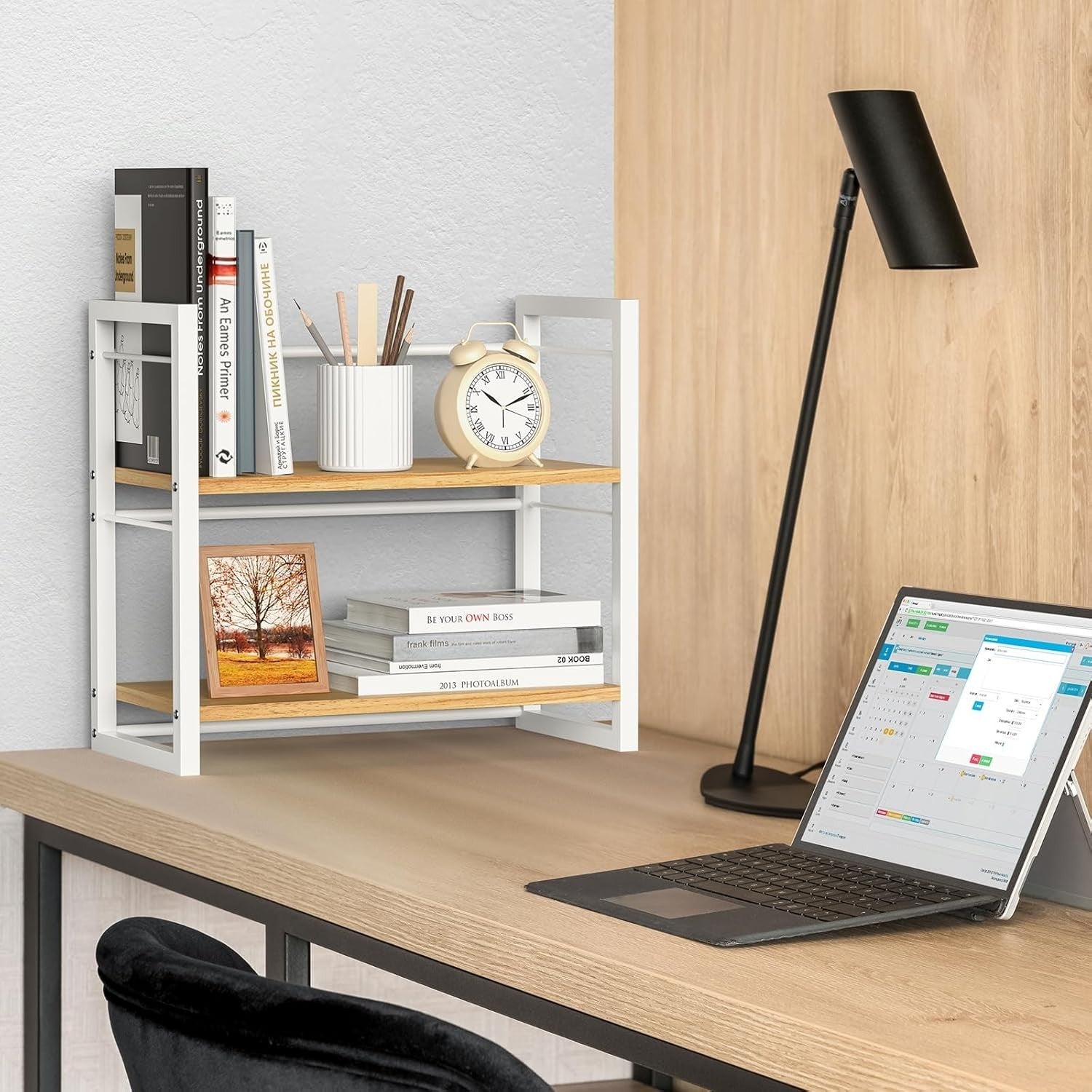 Wood Desk Shelf Organizer 2 Tier Desktop Storage Rack for Office Home White