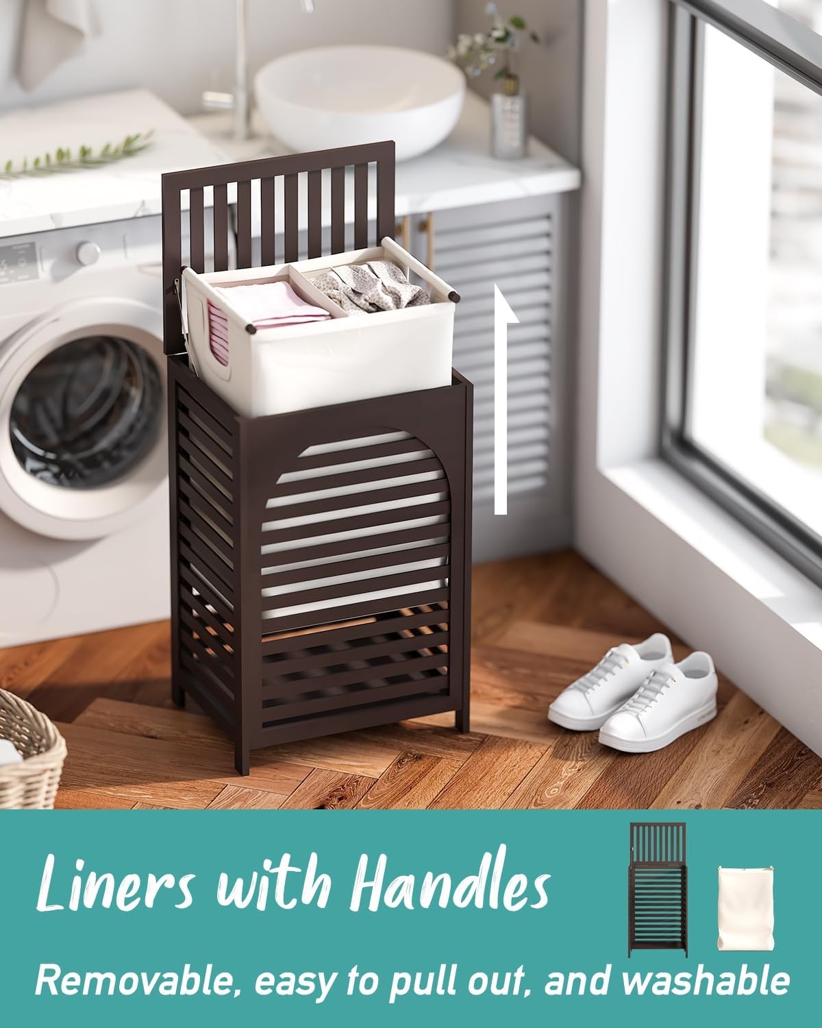 Large Bamboo Laundry Hamper with Lid & Liner | 85L Ventilated Clothes Basket Bro