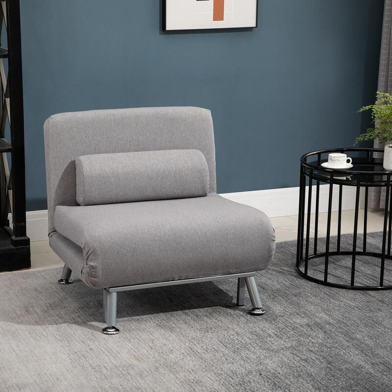 5-Position Folding Chair Bed Grey Guest Sofa Sleeper w/ Pillow & Suede Look