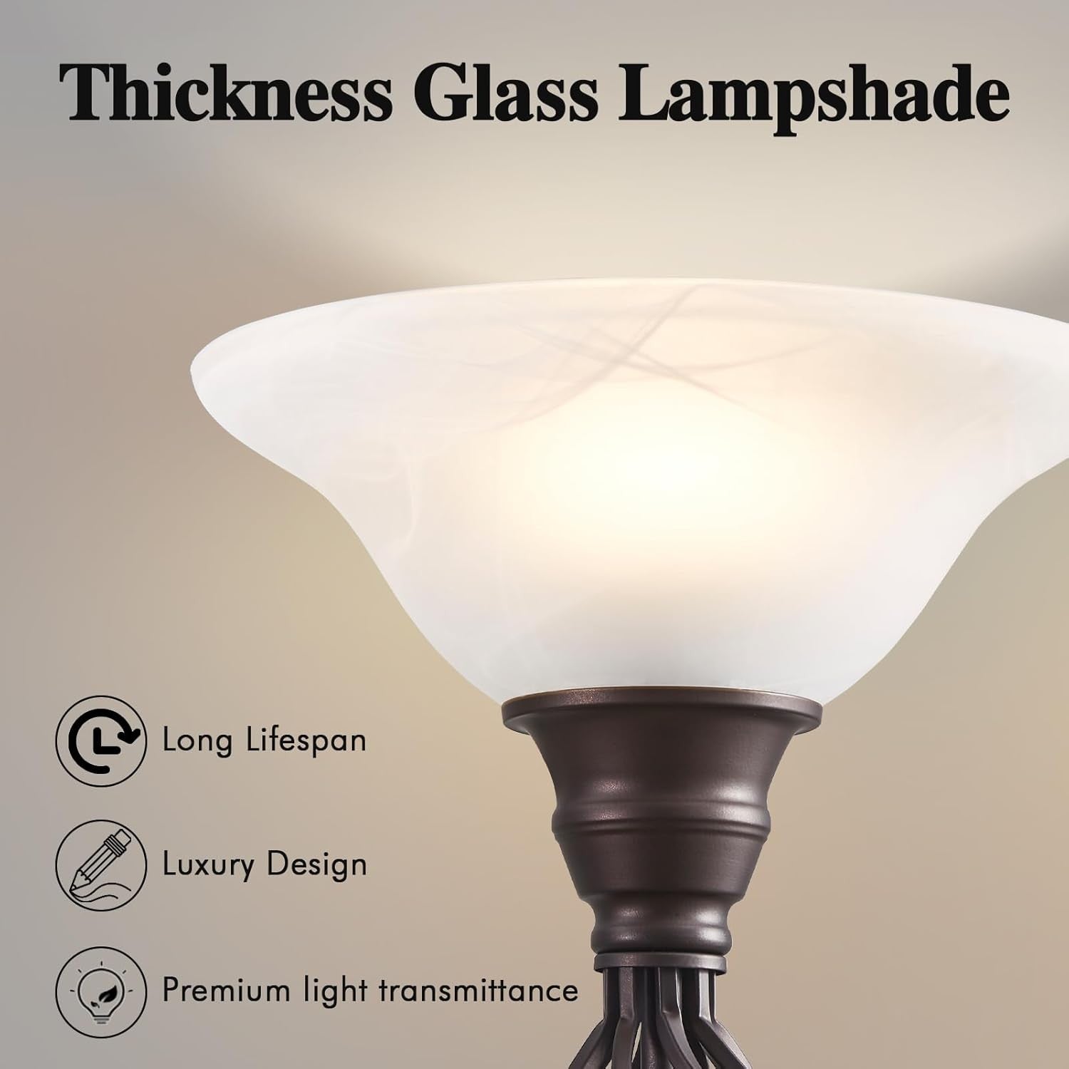 Torchiere Floor Lamp LED Reading Light Glass Shade Living Room Bedroom