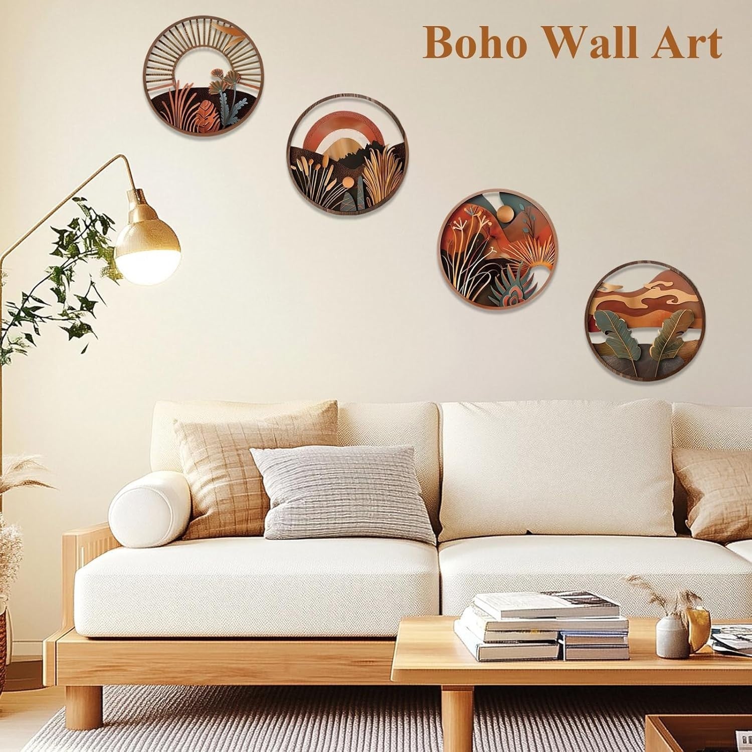 4pcs Boho Round Wooden Wall Art Hanging Decor Set