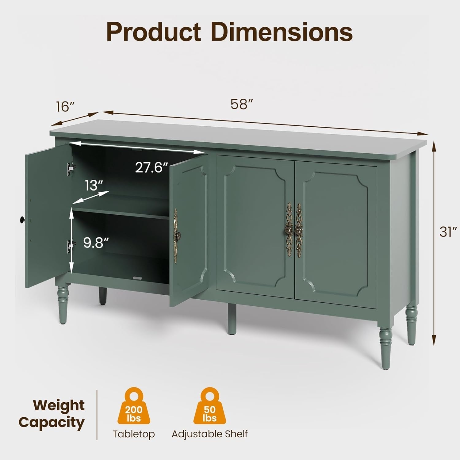 58" Mid Century Sideboard Cabinet with Adjustable Shelves, Green Finish