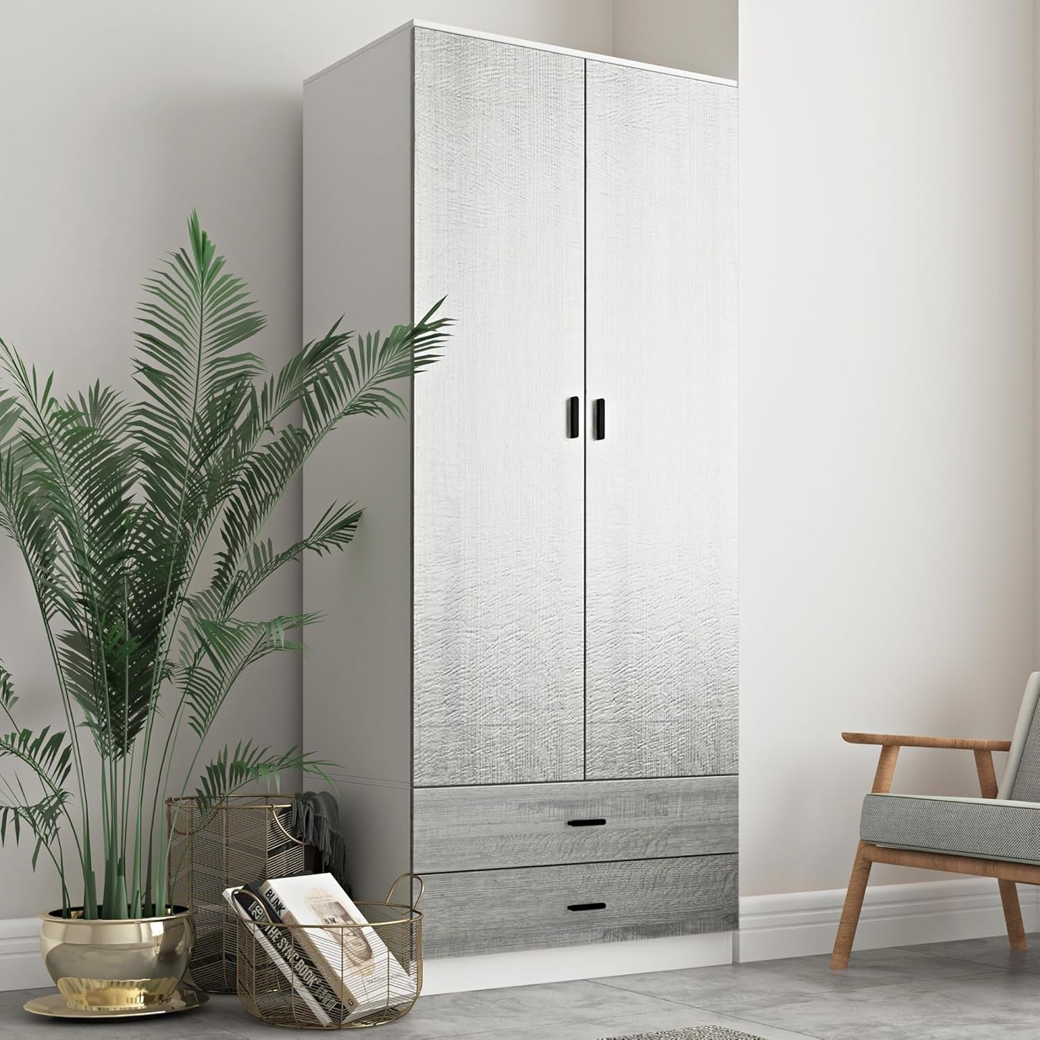 Tall 2 Door Wardrobe Ash Grey Drawers Hanging Rail Storage Cupboard