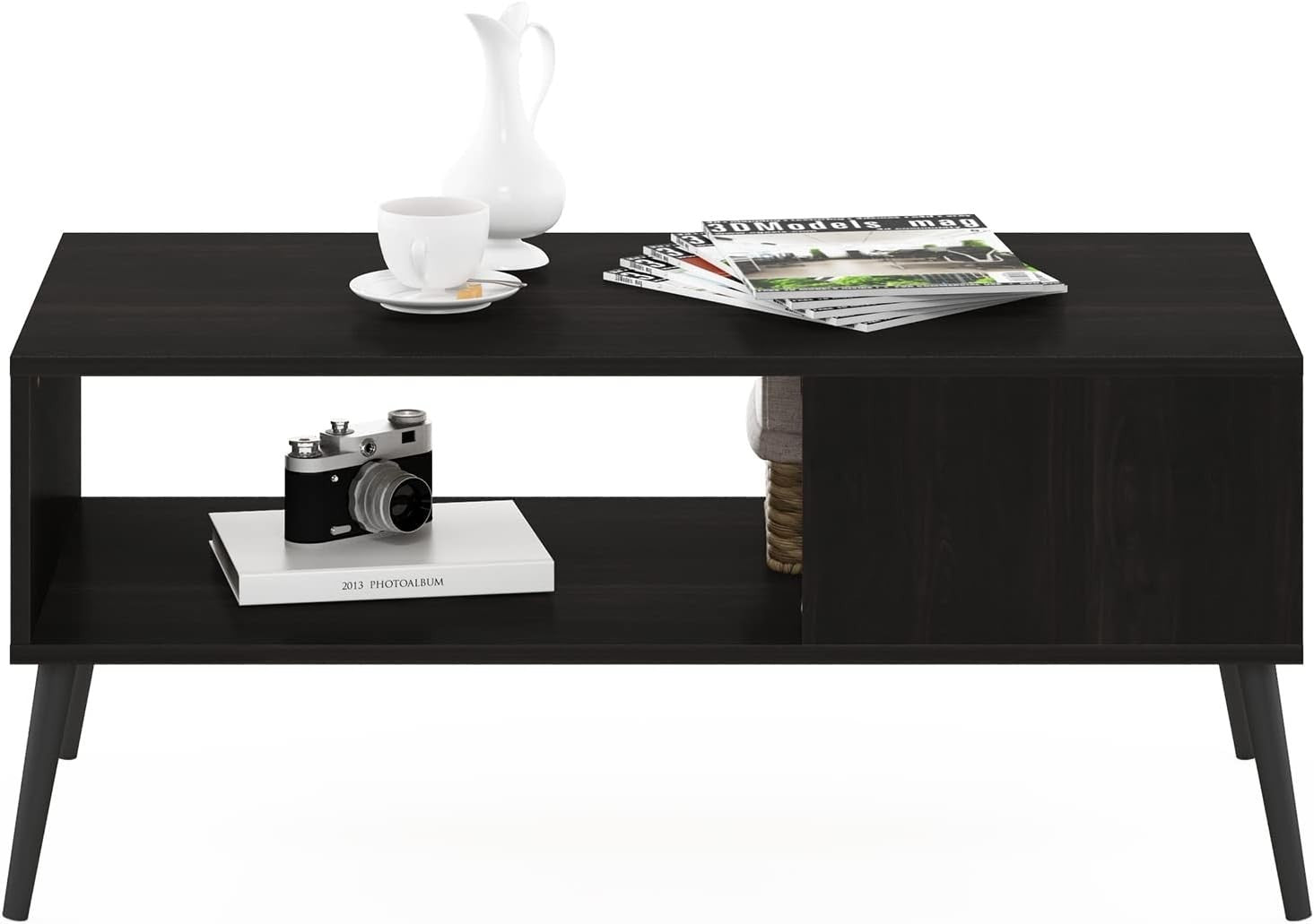 Mid Century Espresso Coffee Table with Wood Legs & 3 Open Shelves 101x50cm