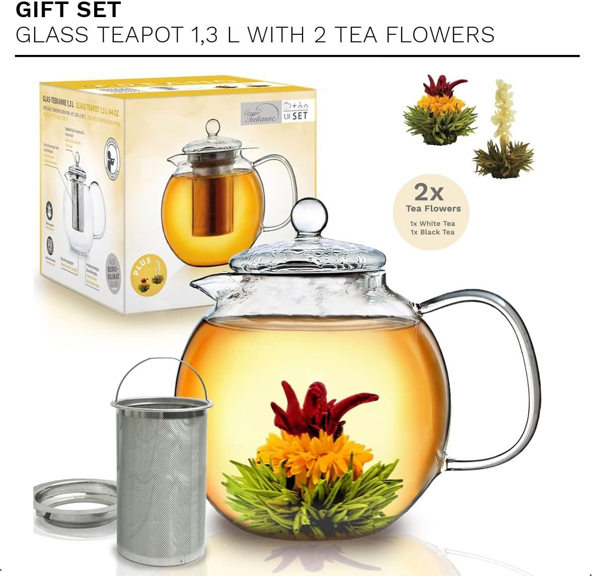 1.3L Glass Teapot Gift Set with Blooming Tea Flowers & Infuser