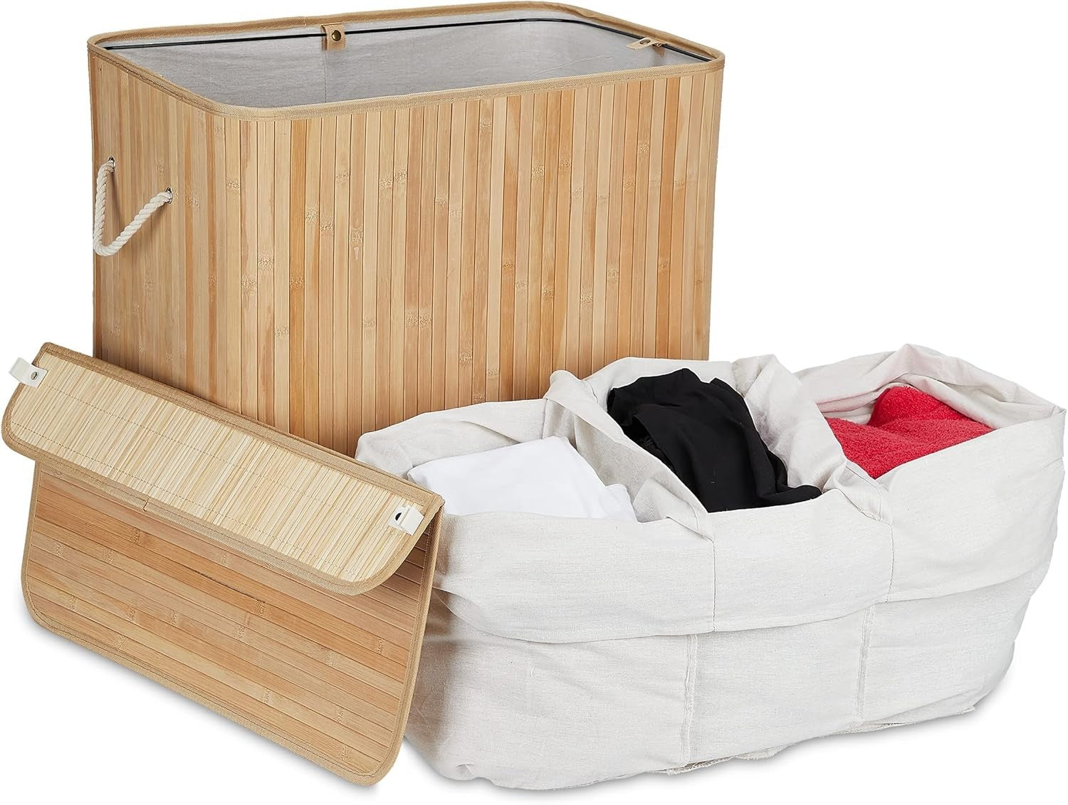 Natural Bamboo Laundry Basket 3-Compartment Sorter with Lid | Folding 62cm Hampe