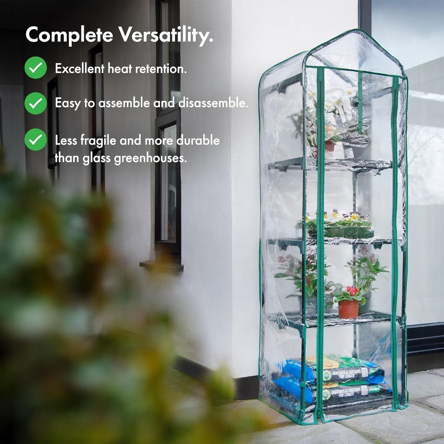 4-Tier Mini Greenhouse | Compact PVC Grow House | Steel Frame | Roll-Up Door