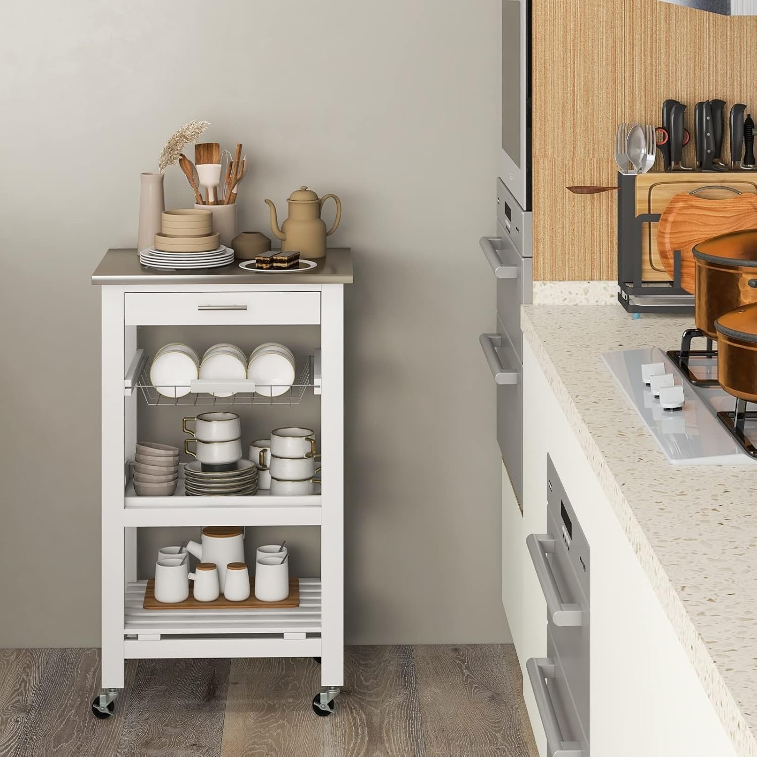 Kitchen Trolley on Wheels Storage Cart Stainless Steel Top Drawer