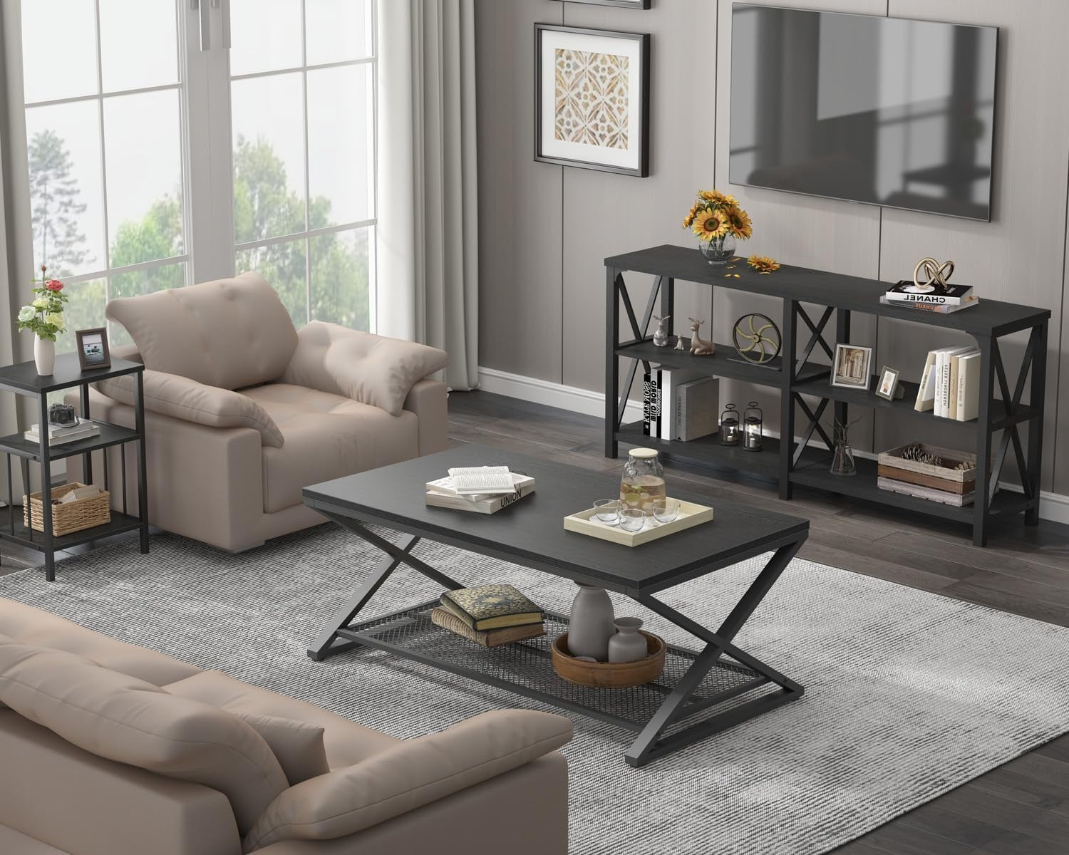Modern Black Coffee Table with Shelf, 2-Tier Metal Frame, 100x60cm