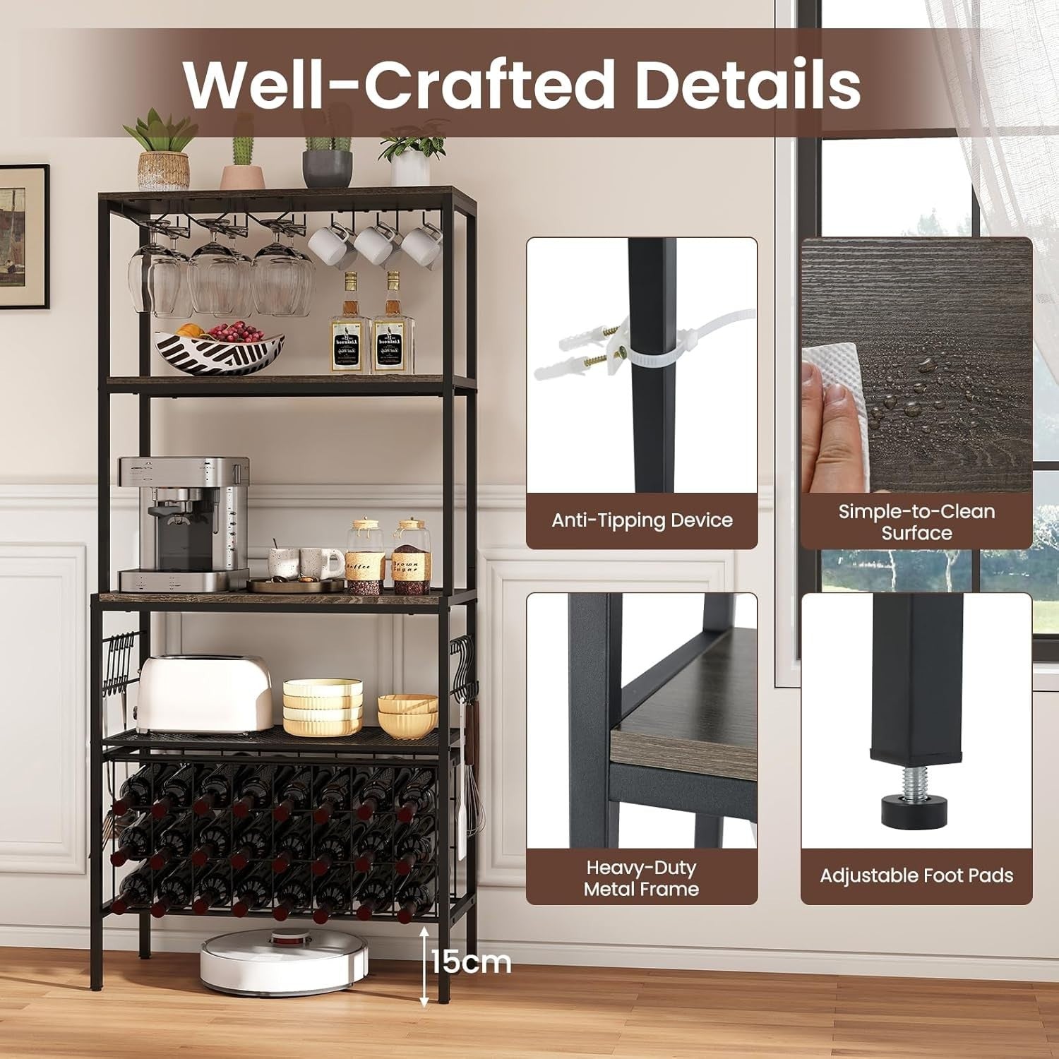 4 Tier Wine Rack Bar Cabinet with Power Outlets, 24 Bottle Storage