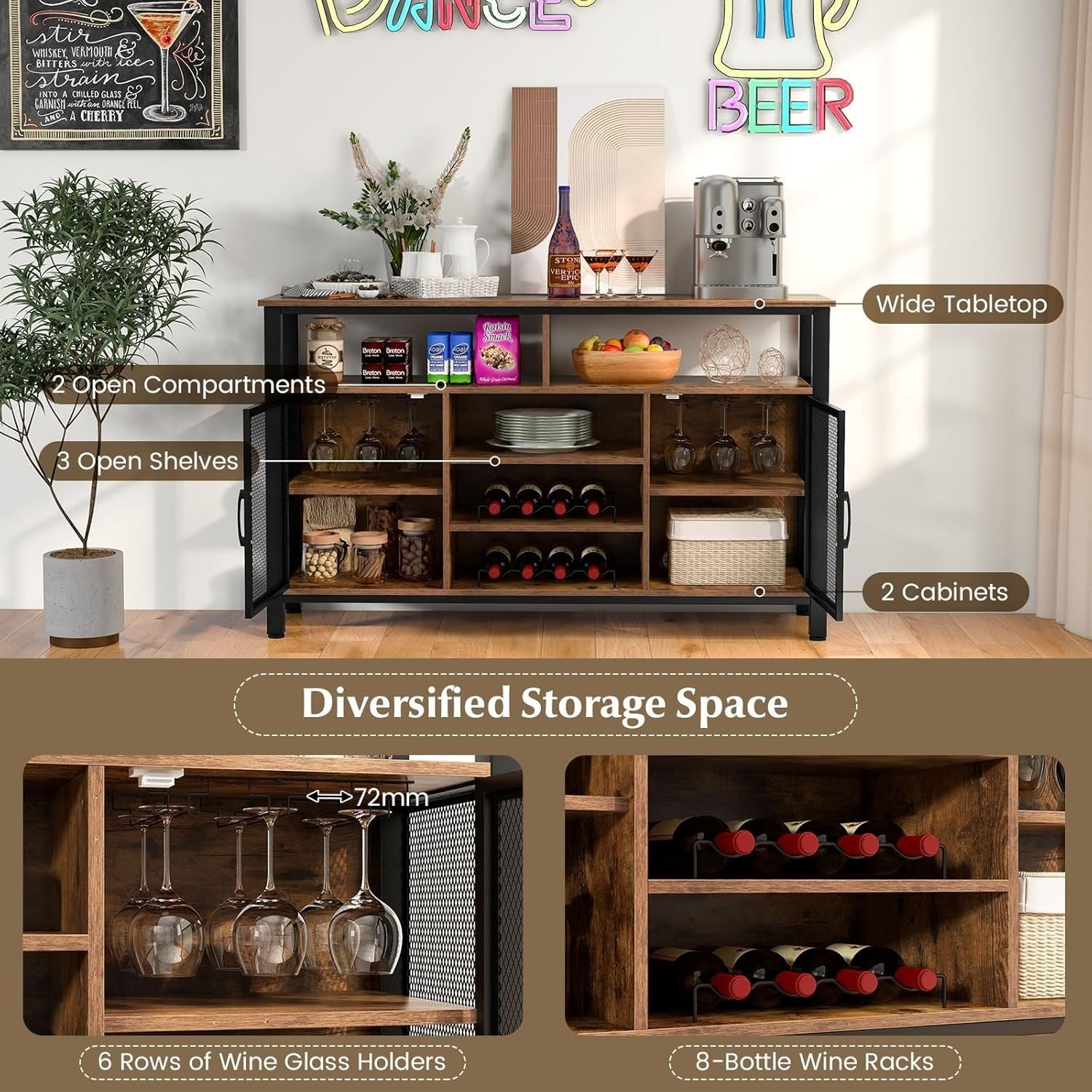 Rustic Sideboard Storage Cabinet with Wine Racks Glass Holder Mesh Doors