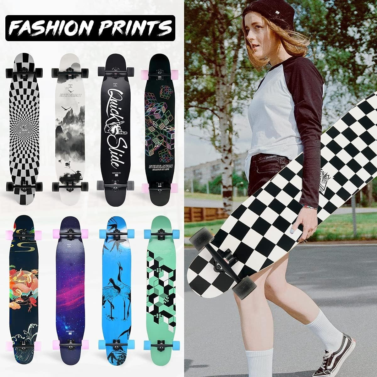46" Longboard Skateboard B/W Complete 8-Layer Maple Wood Deck Teens & Adults