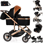 Luxury 3 in 1 Baby Pram Pushchair Car Seat Travel System 22kg Black Gold