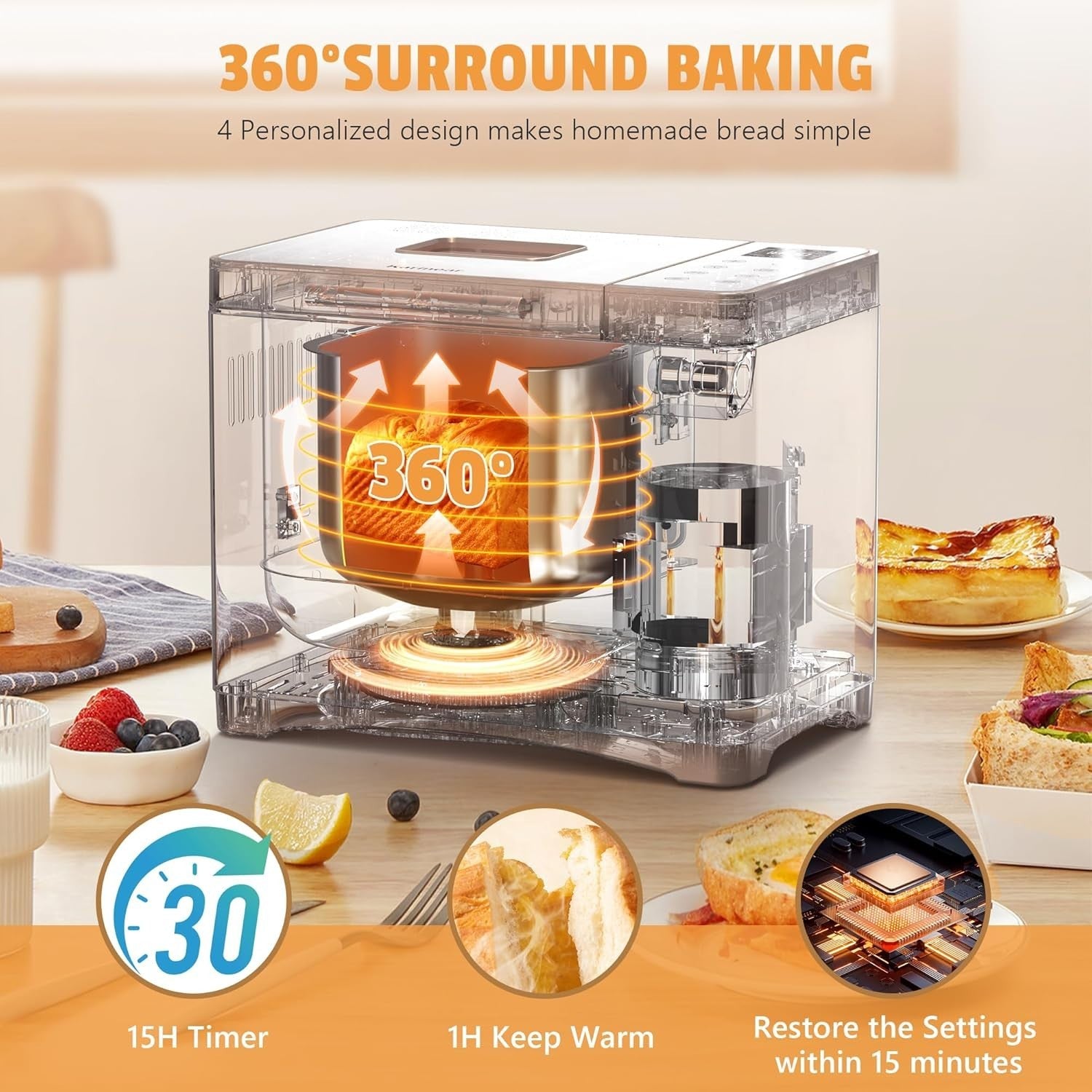 20-Function Stainless Steel Bread Maker 2LB Ceramic Pan Auto Dispenser Yellow