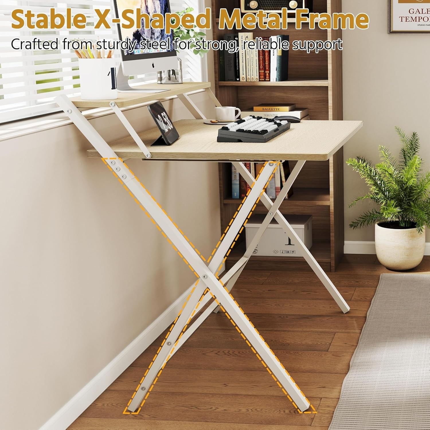 Foldable Computer Desk Small Space with Monitor Stand 80cm Natural Wood
